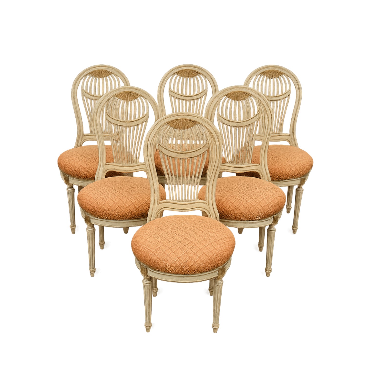 19th Century French Painted and Parcel Gilt Balloon Back Chairs, Set of Six