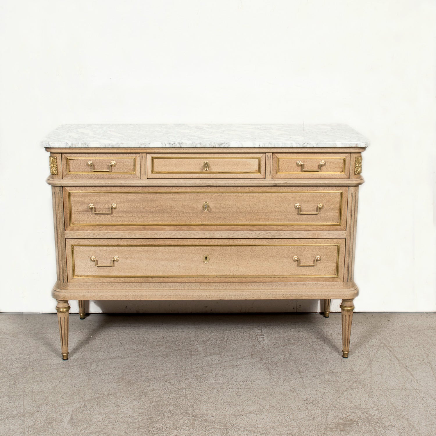 19th Century French Bleached Louis XVI Style Marble Top Lyonnaise Commode