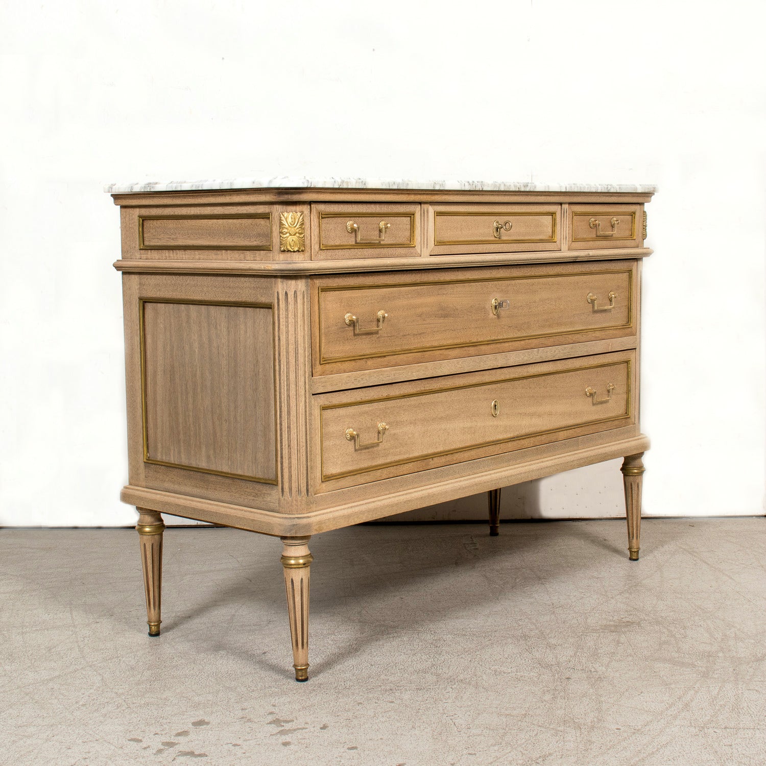 19th Century French Bleached Louis XVI Style Marble Top Lyonnaise Commode