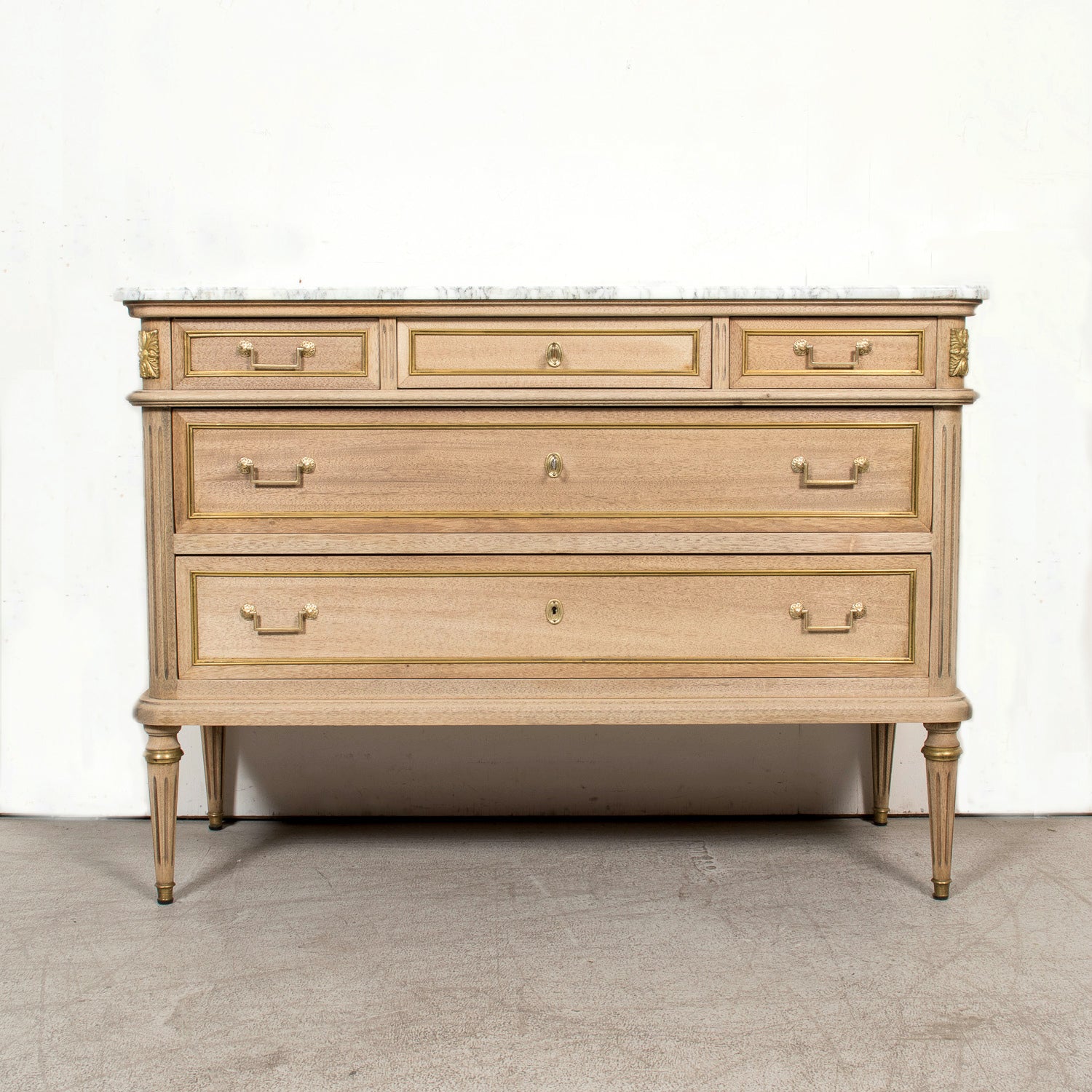 19th Century French Bleached Louis XVI Style Marble Top Lyonnaise Commode