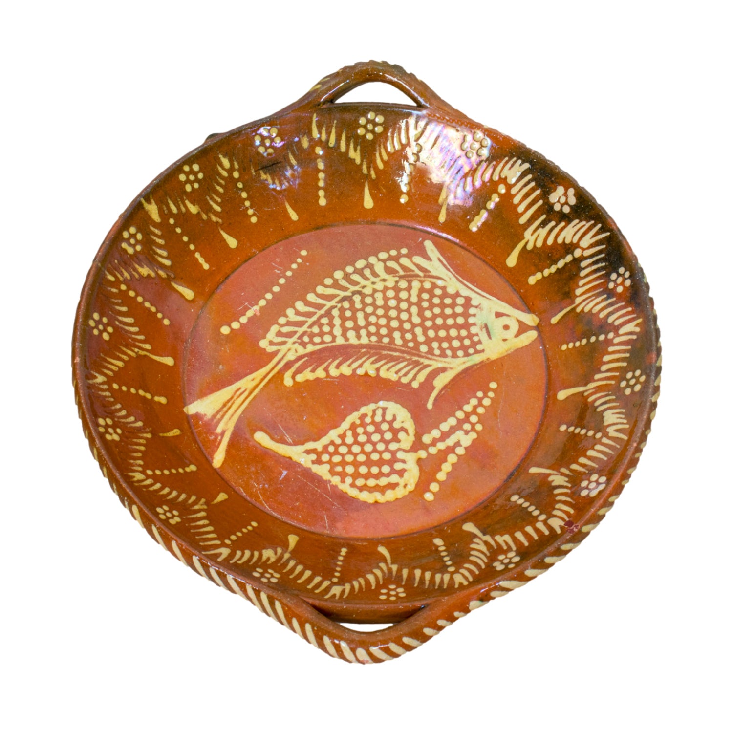 19th Century Portuguese Red Slipware Round Serving Dish with Fish and Leaf Motifs