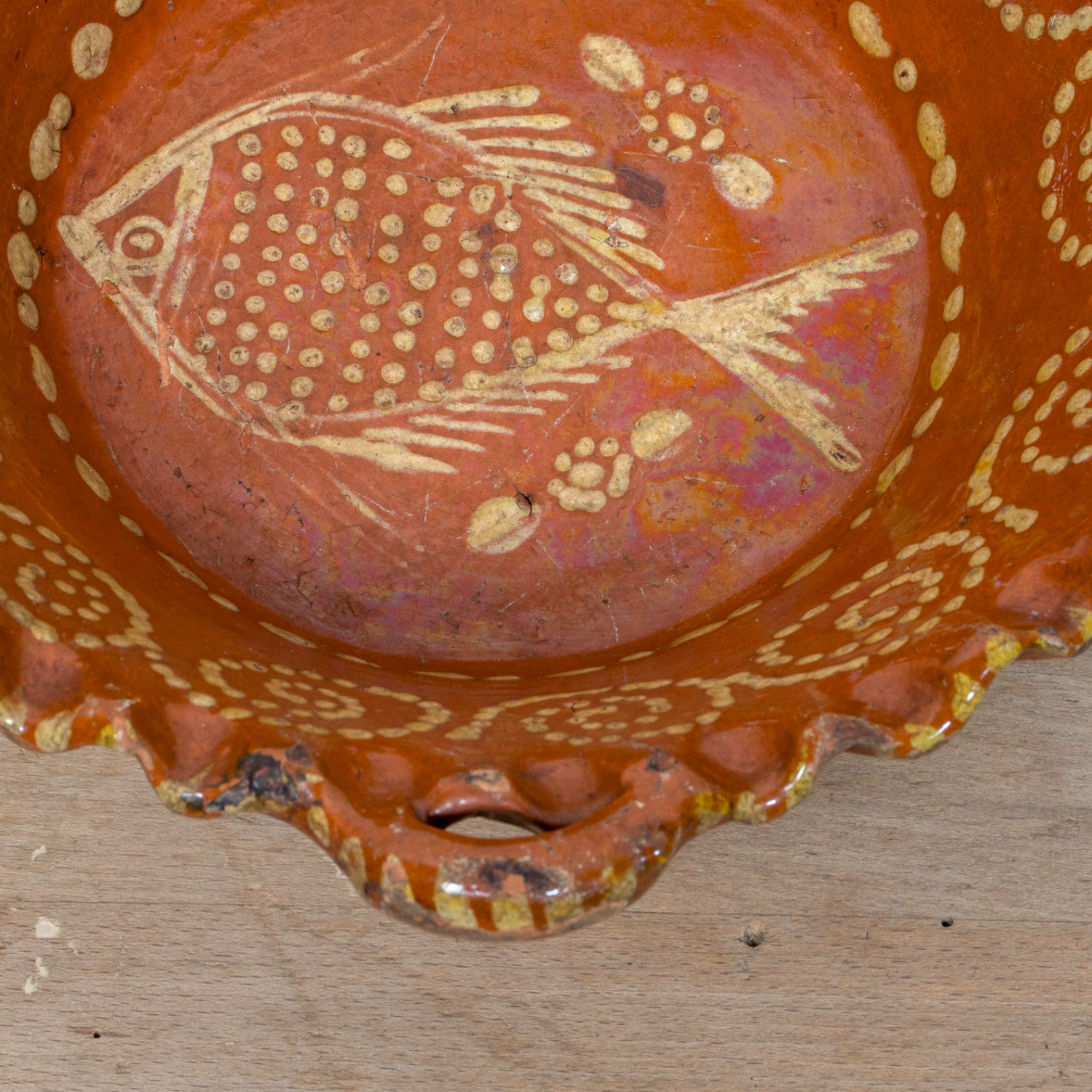 19th Century Portuguese Red Slipware Bowl with Fish Motif and Ruffled Rim