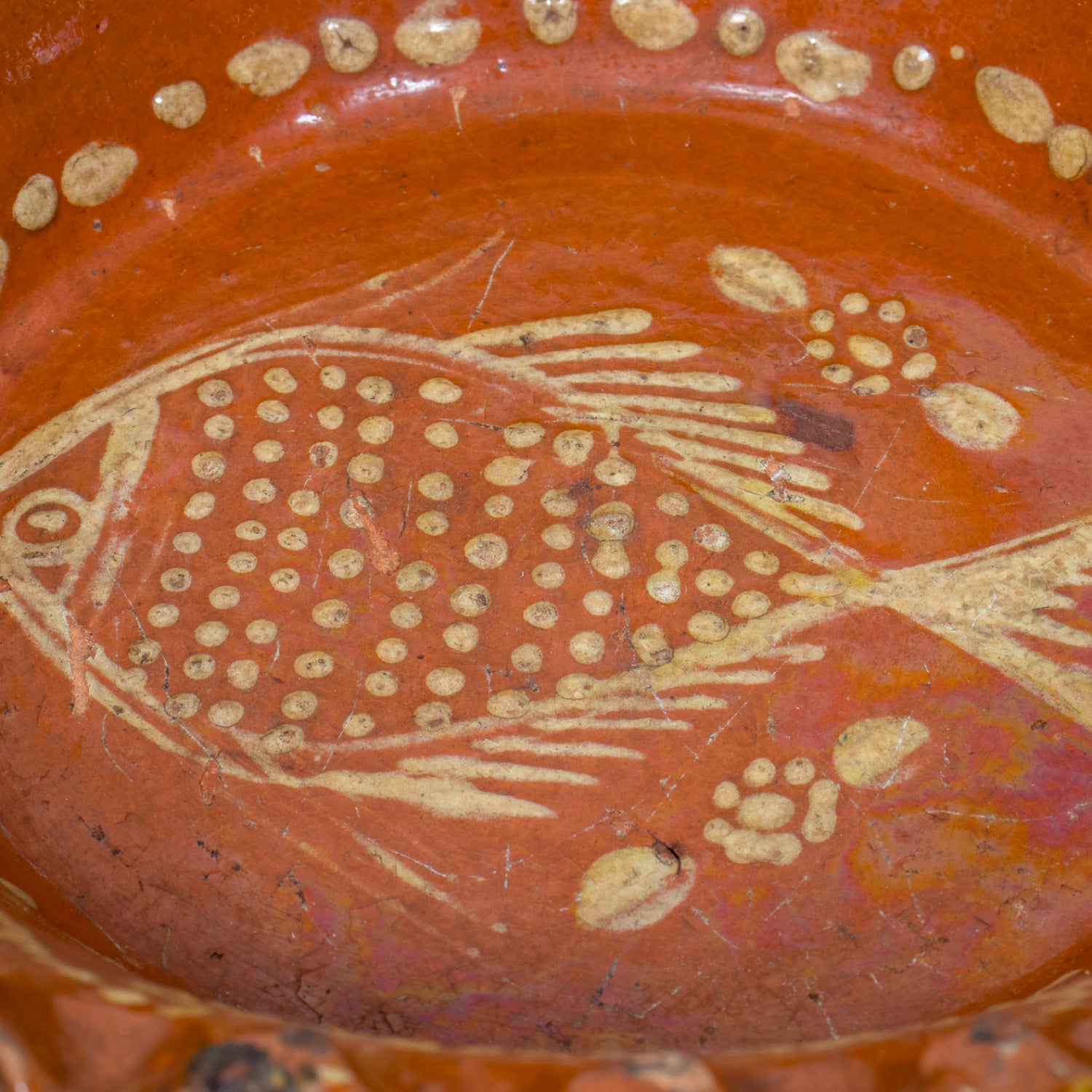19th Century Portuguese Red Slipware Bowl with Fish Motif and Ruffled Rim