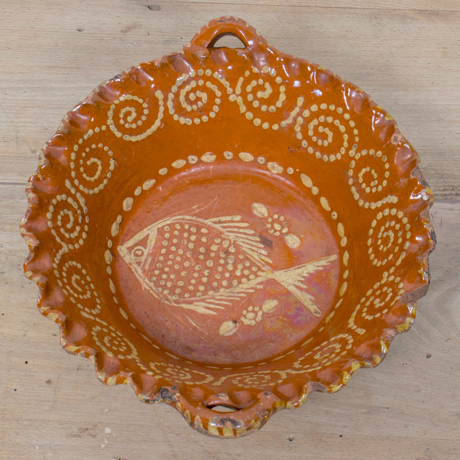 19th Century Portuguese Red Slipware Bowl with Fish Motif and Ruffled Rim