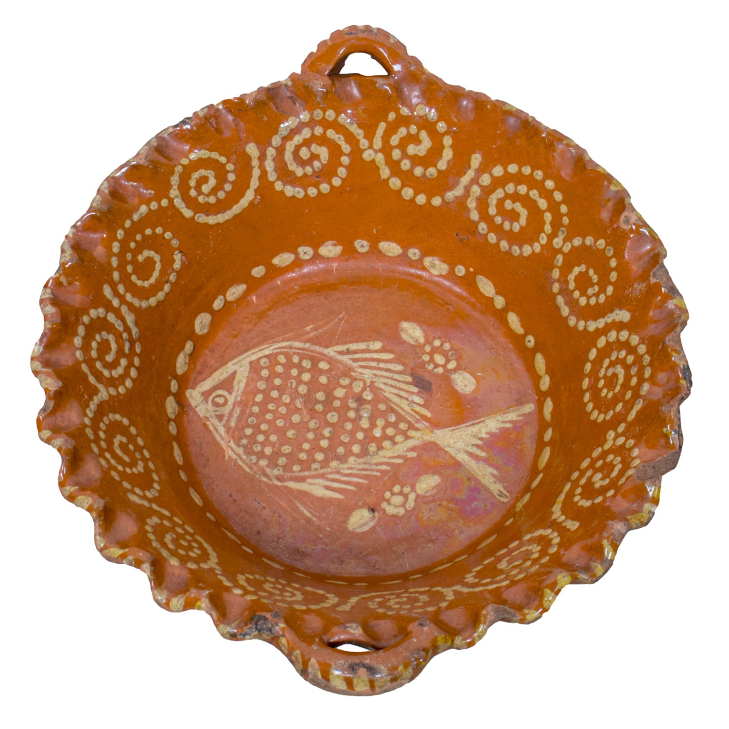 19th Century Portuguese Red Slipware Bowl with Fish Motif and Ruffled Rim