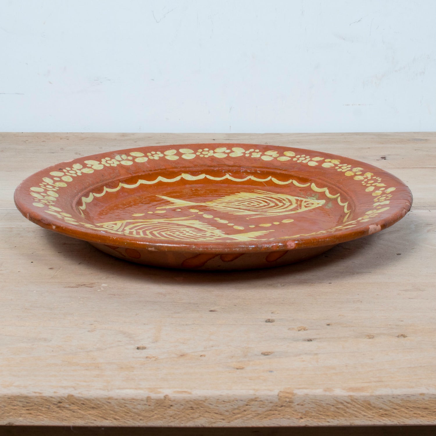 19th Century Round Portuguese Red Slipware Serving Platter with Fish Motif
