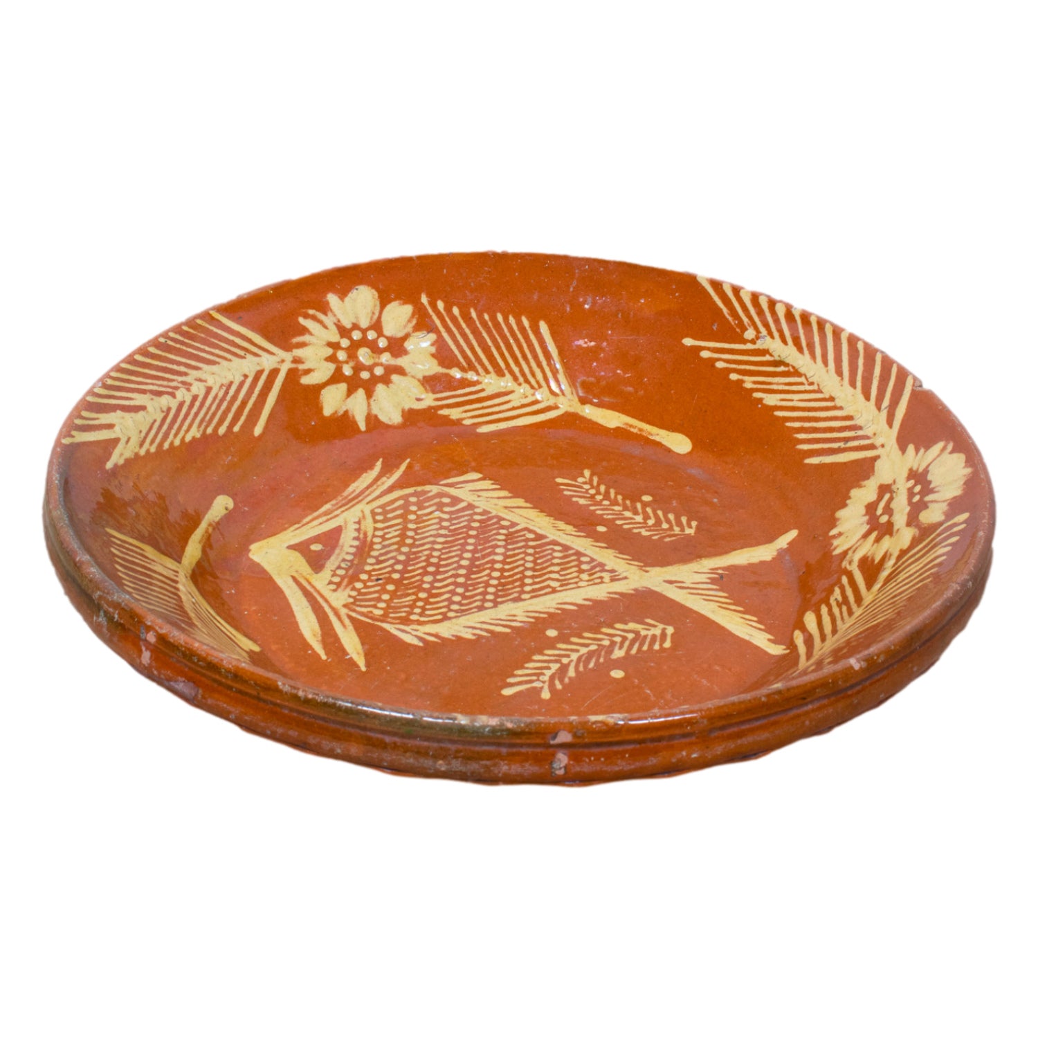 19th Century Portuguese Red Slipware Serving Bowl with Fish and Floral Motifs