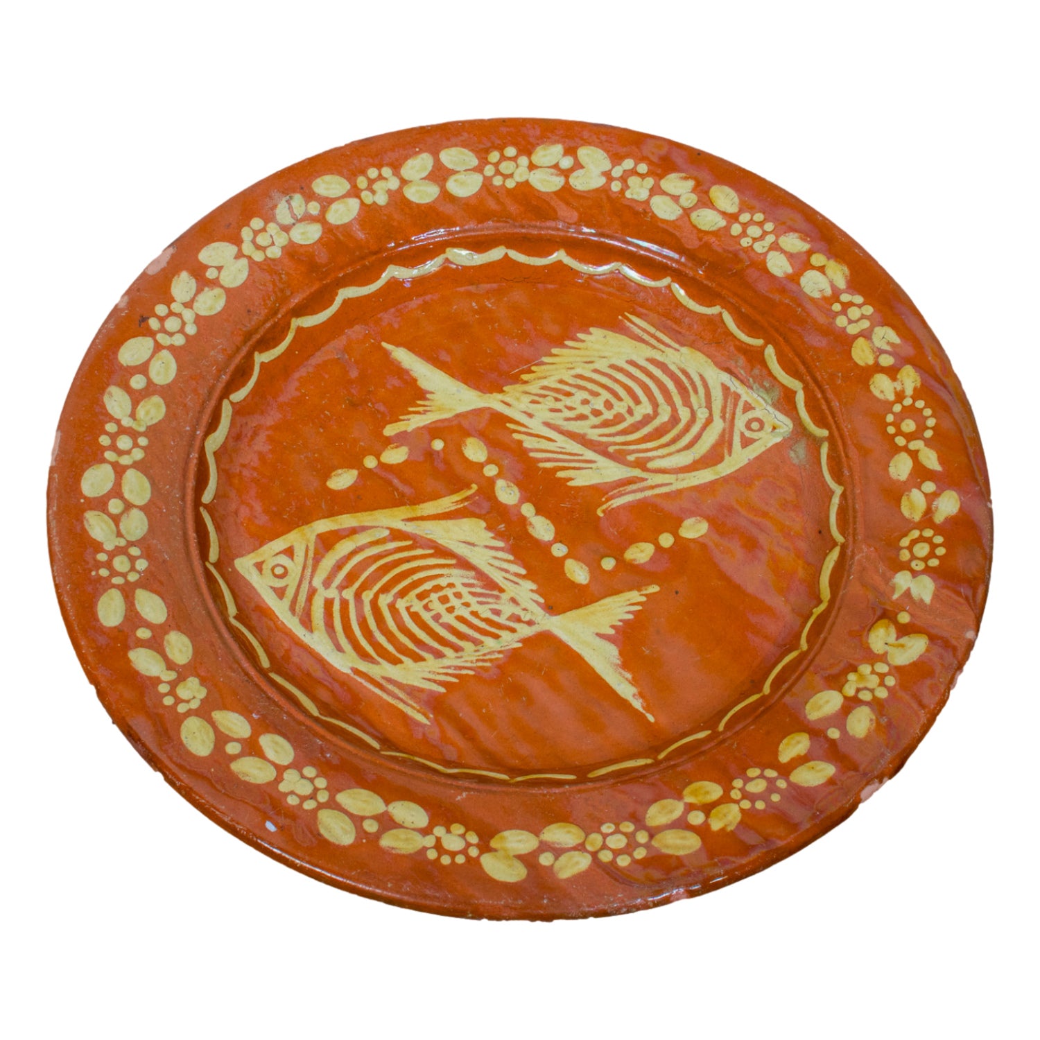 19th Century Round Portuguese Red Slipware Serving Platter with Fish Motif