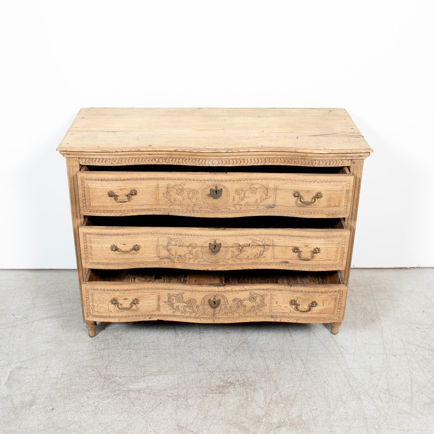 Mid-19th Century French Louis XVI Style Carved Bleached Oak Three-Drawer Serpentine Commode