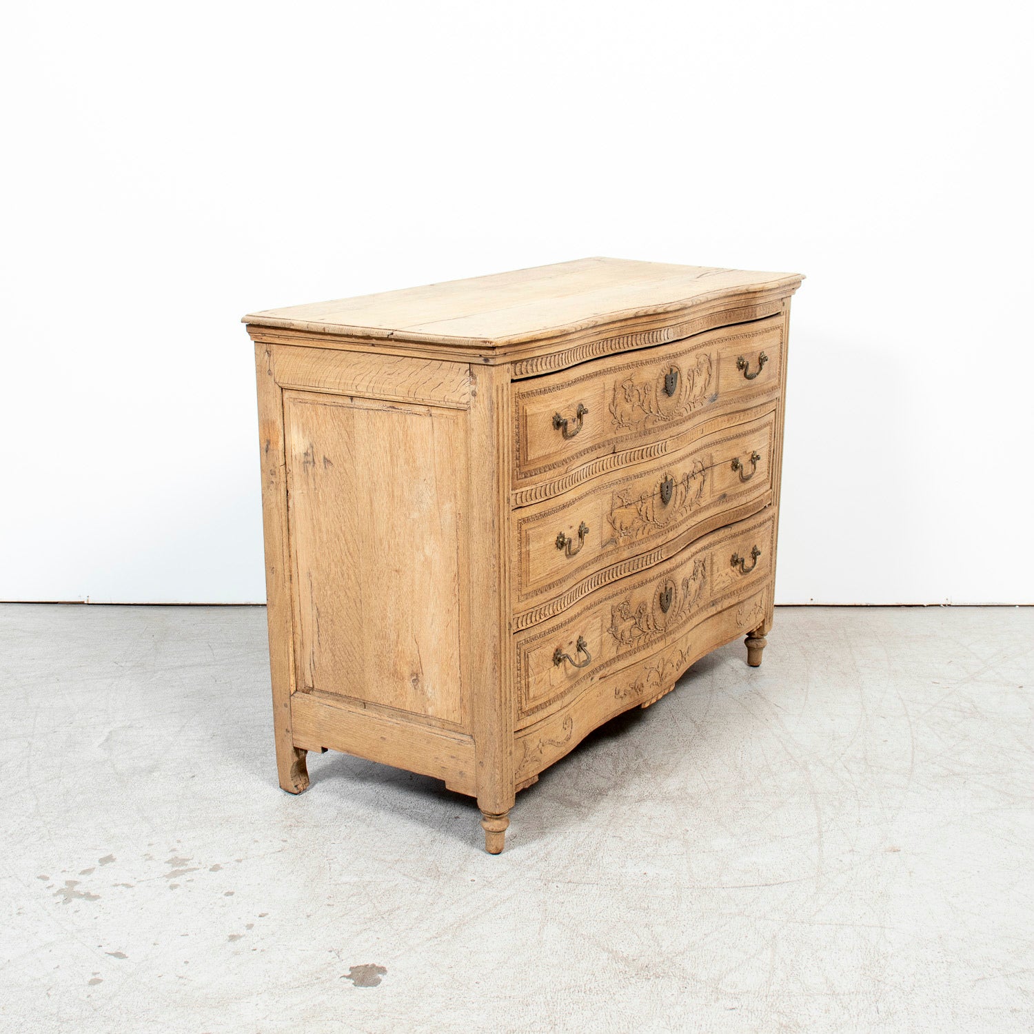 Mid-19th Century French Louis XVI Style Carved Bleached Oak Three-Drawer Serpentine Commode