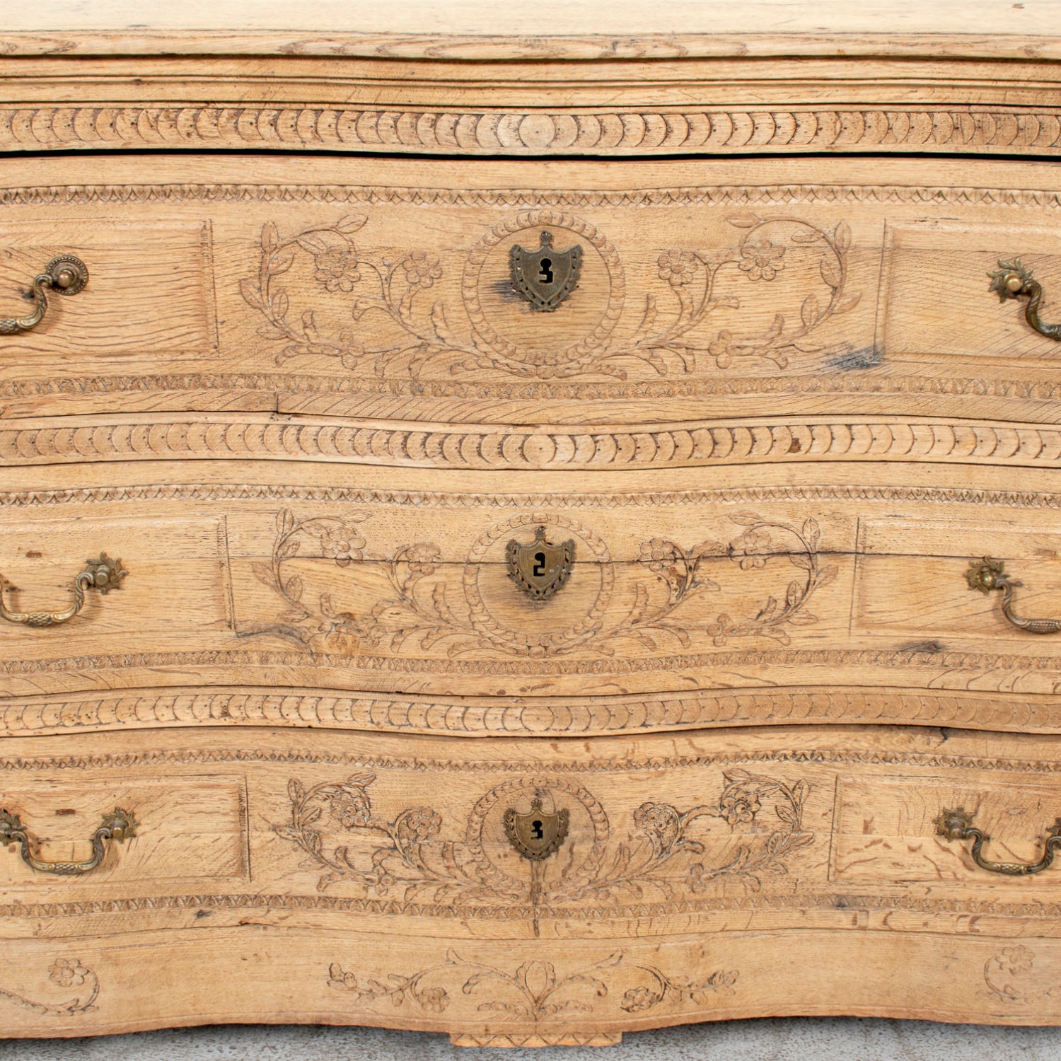 Mid-19th Century French Louis XVI Style Carved Bleached Oak Three-Drawer Serpentine Commode