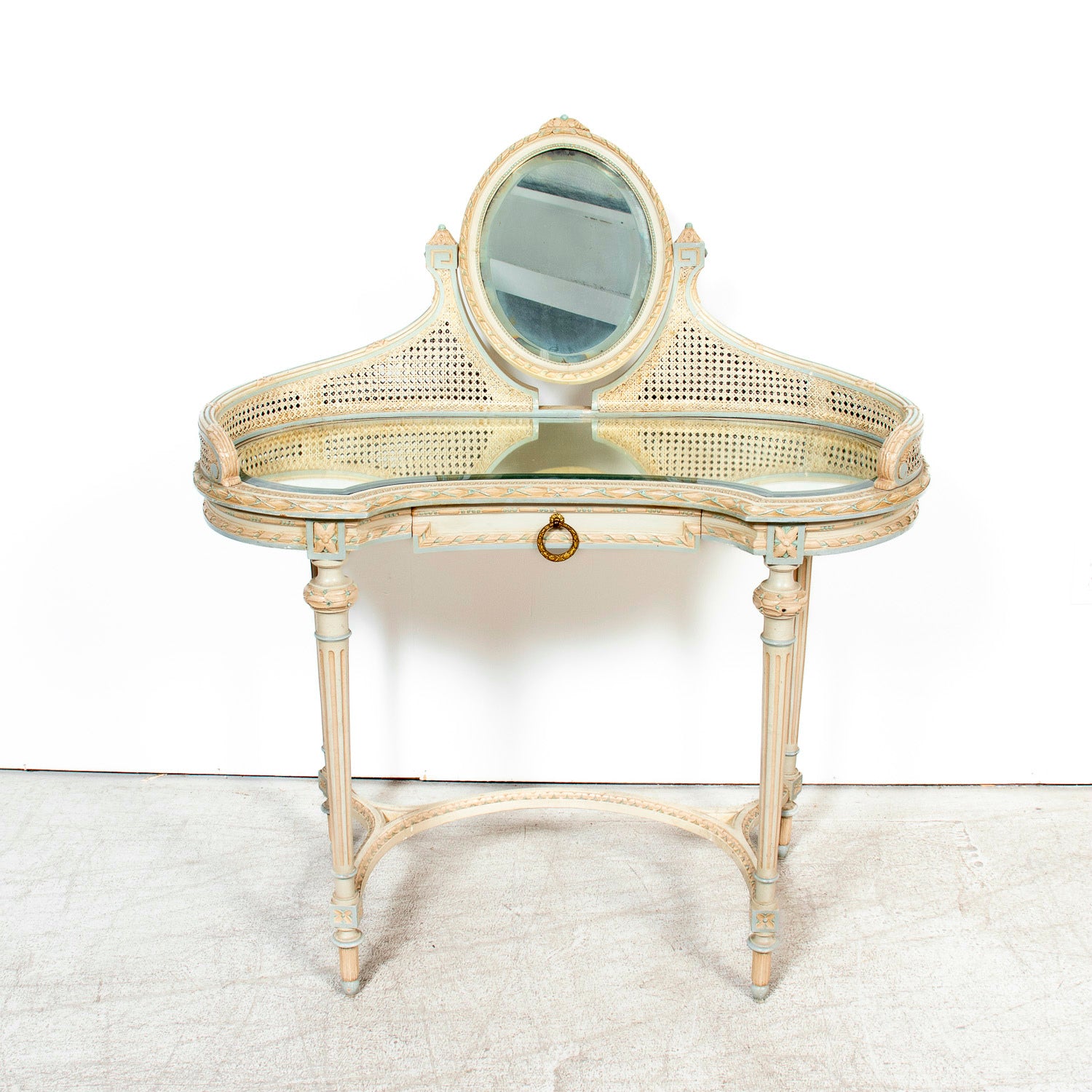 1920s French Louis XVI Style Provençal Polychrome Cane Vanity with Mirror