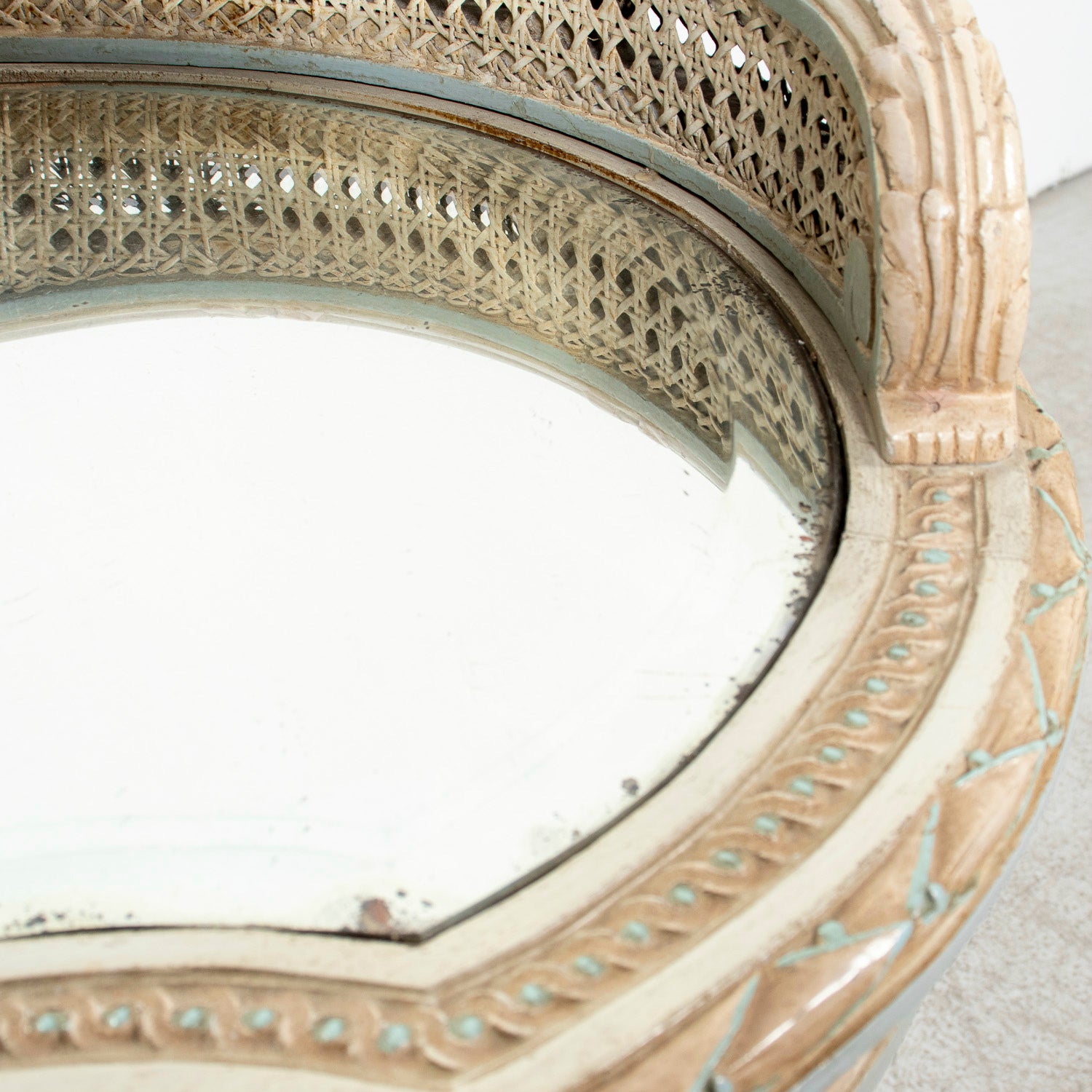 1920s French Louis XVI Style Provençal Polychrome Cane Vanity with Mirror