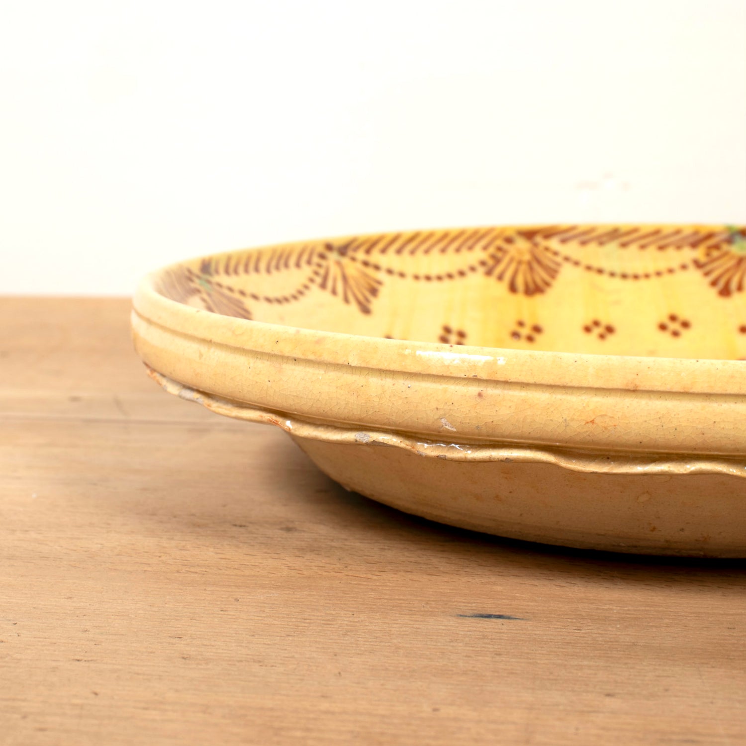 19th Century Portuguese Yellow Slipware Serving Bowl with Quail and Floral Designs