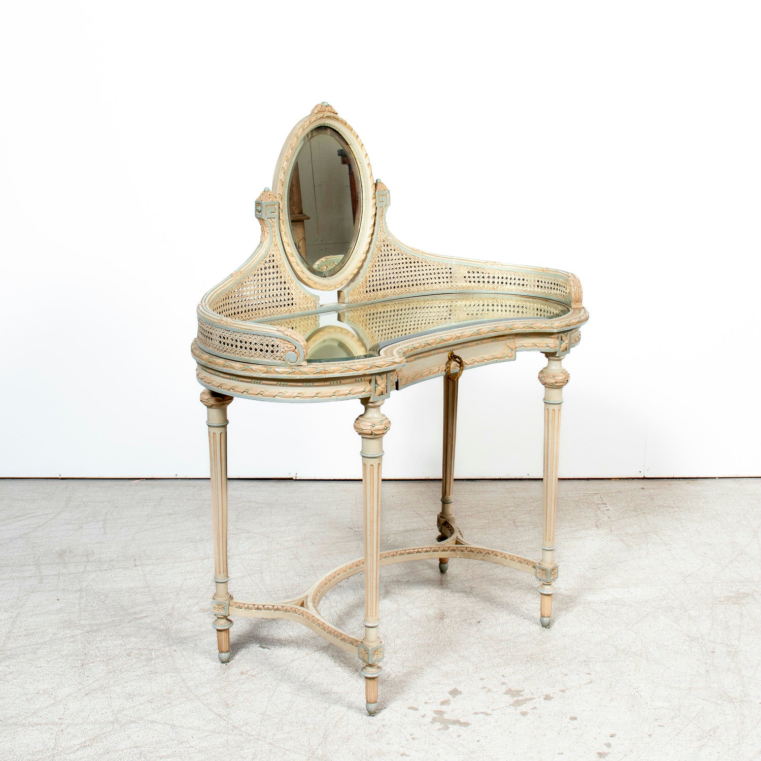 1920s French Louis XVI Style Provençal Polychrome Cane Vanity with Mirror