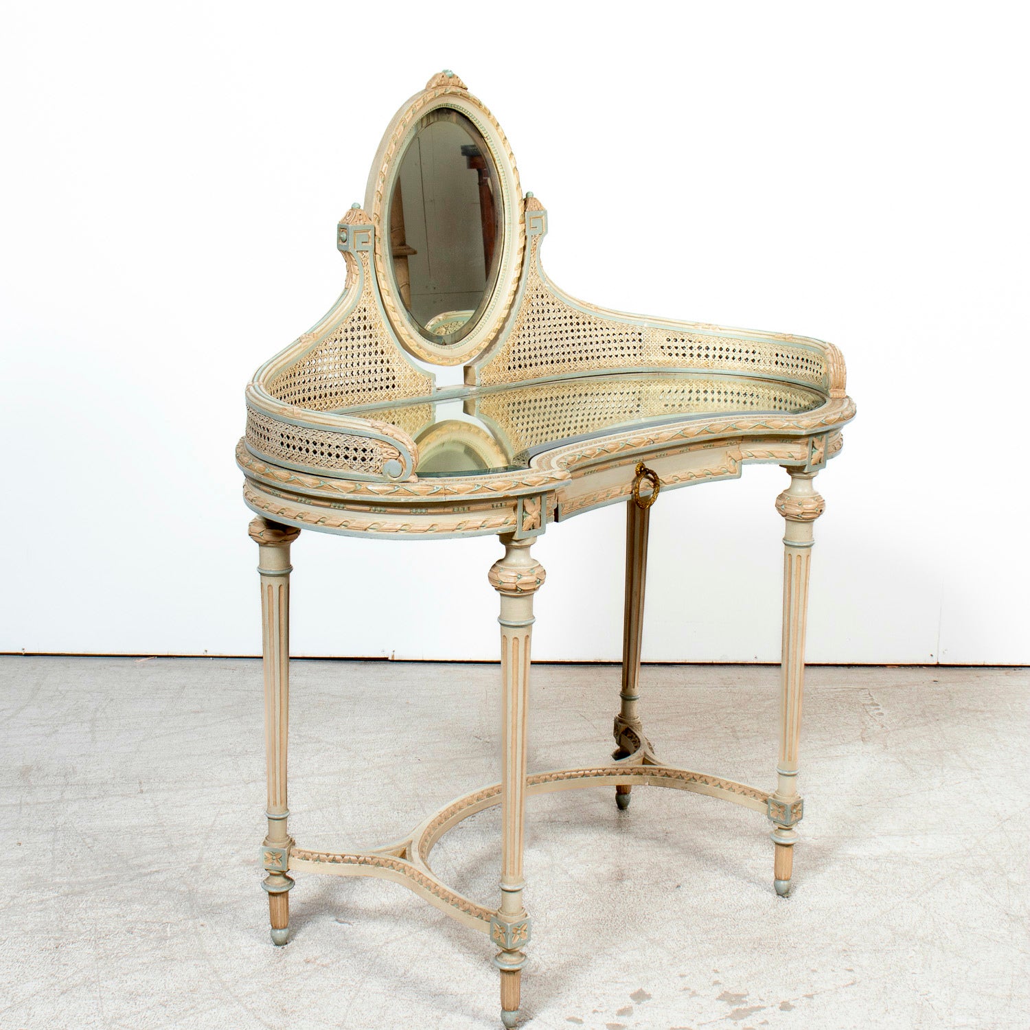 1920s French Louis XVI Style Provençal Polychrome Cane Vanity with Mirror