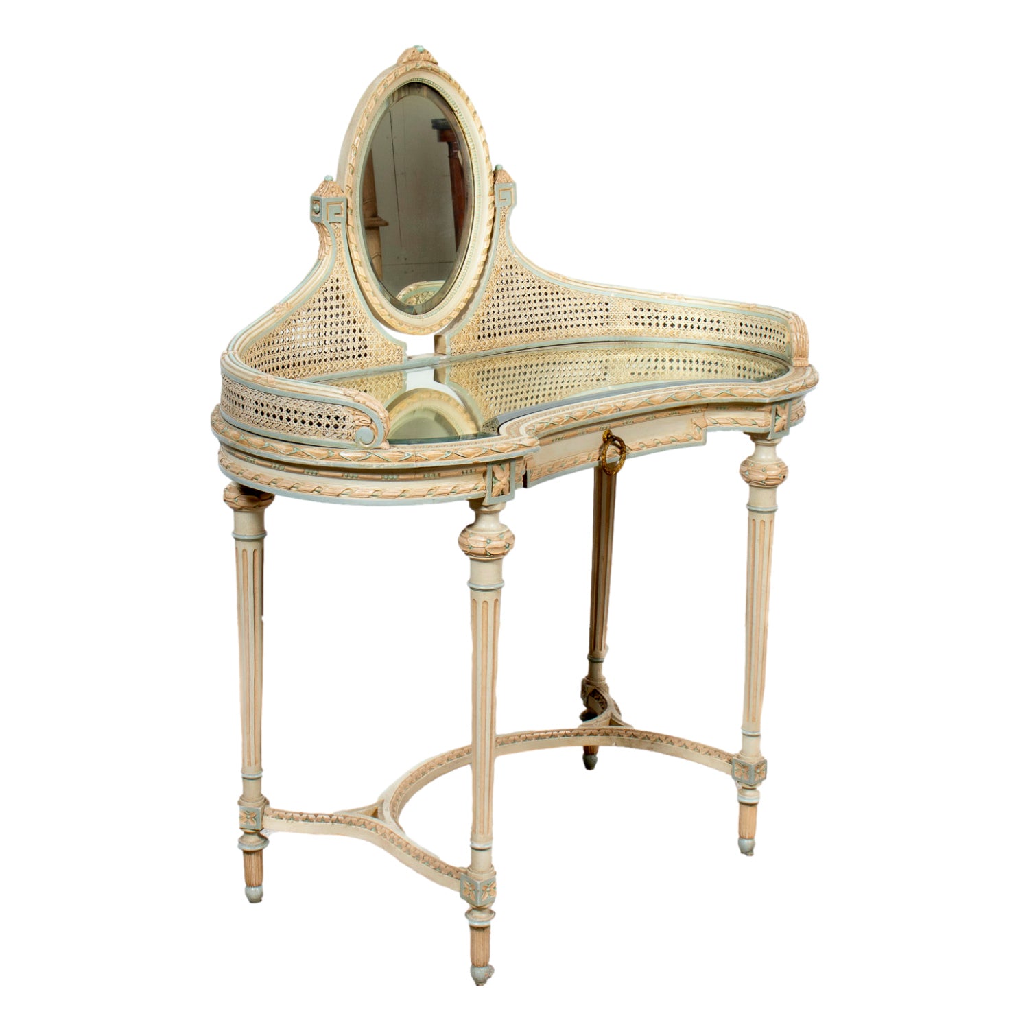 1920s French Louis XVI Style Provençal Polychrome Cane Vanity with Mirror