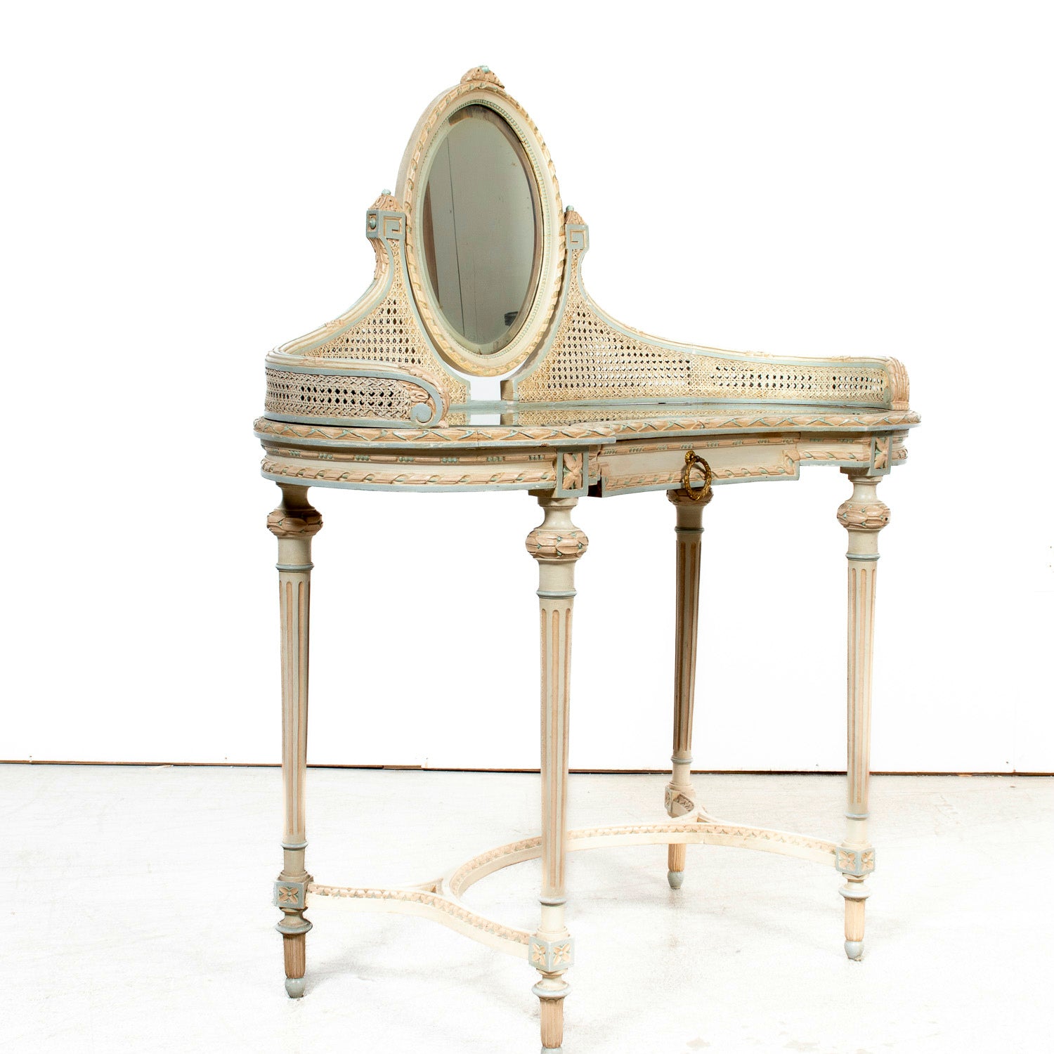 1920s French Louis XVI Style Provençal Polychrome Cane Vanity with Mirror
