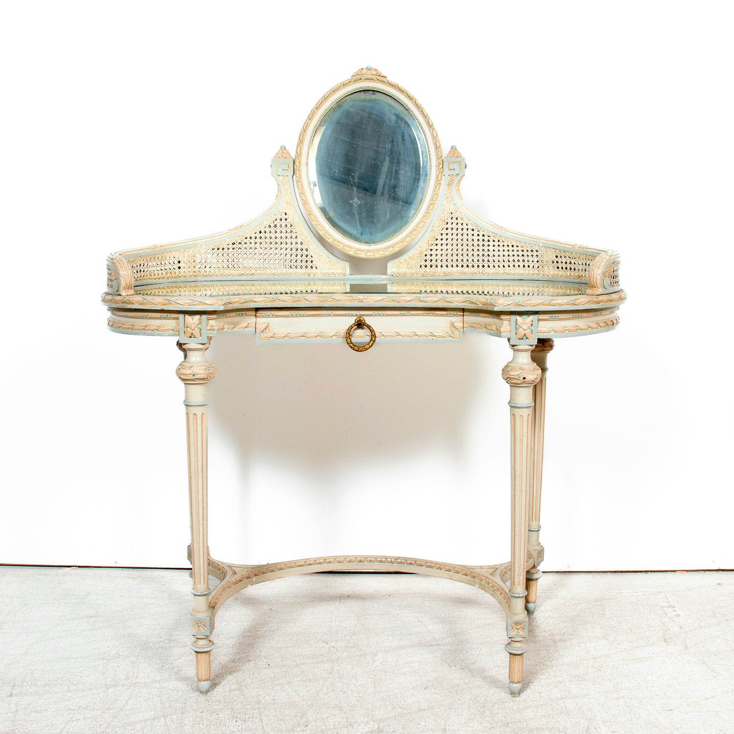1920s French Louis XVI Style Provençal Polychrome Cane Vanity with Mirror