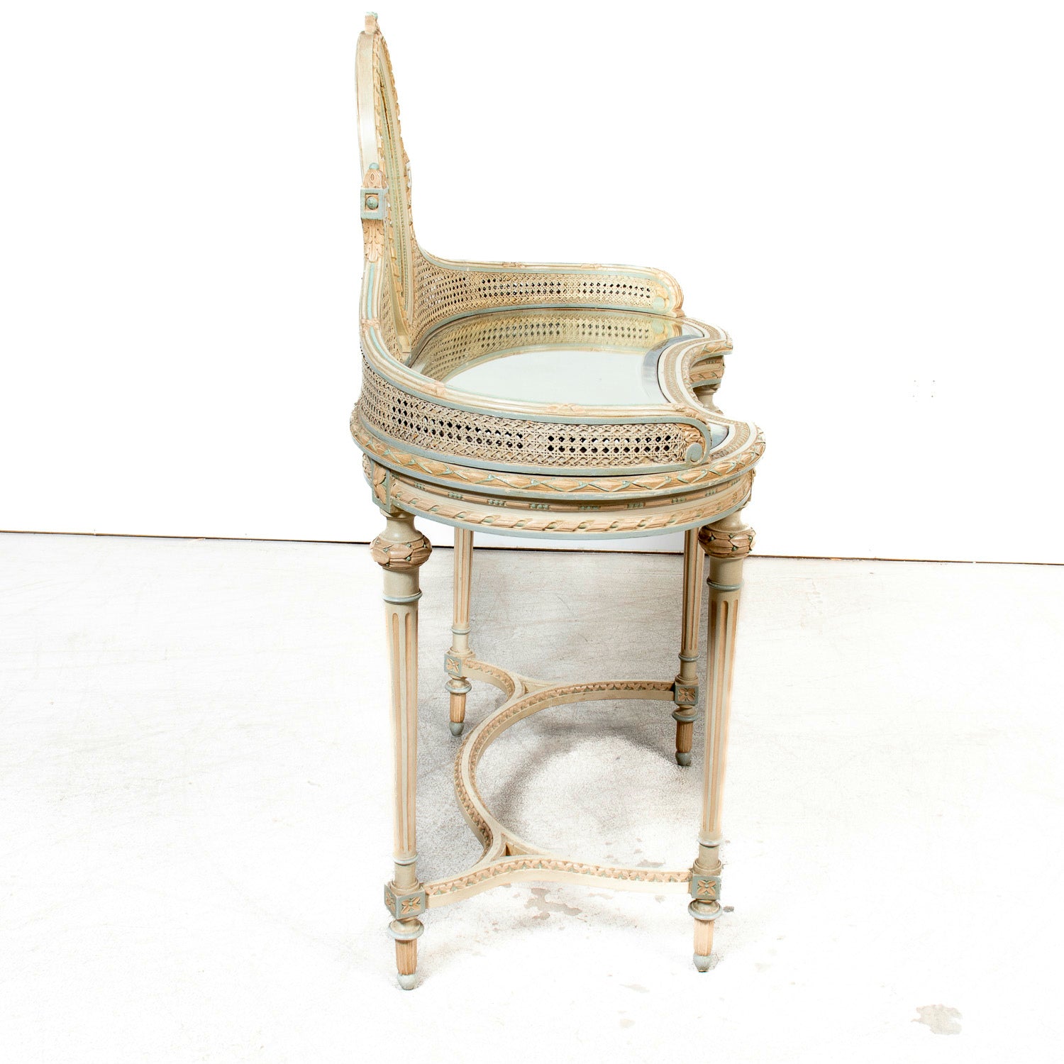 1920s French Louis XVI Style Provençal Polychrome Cane Vanity with Mirror