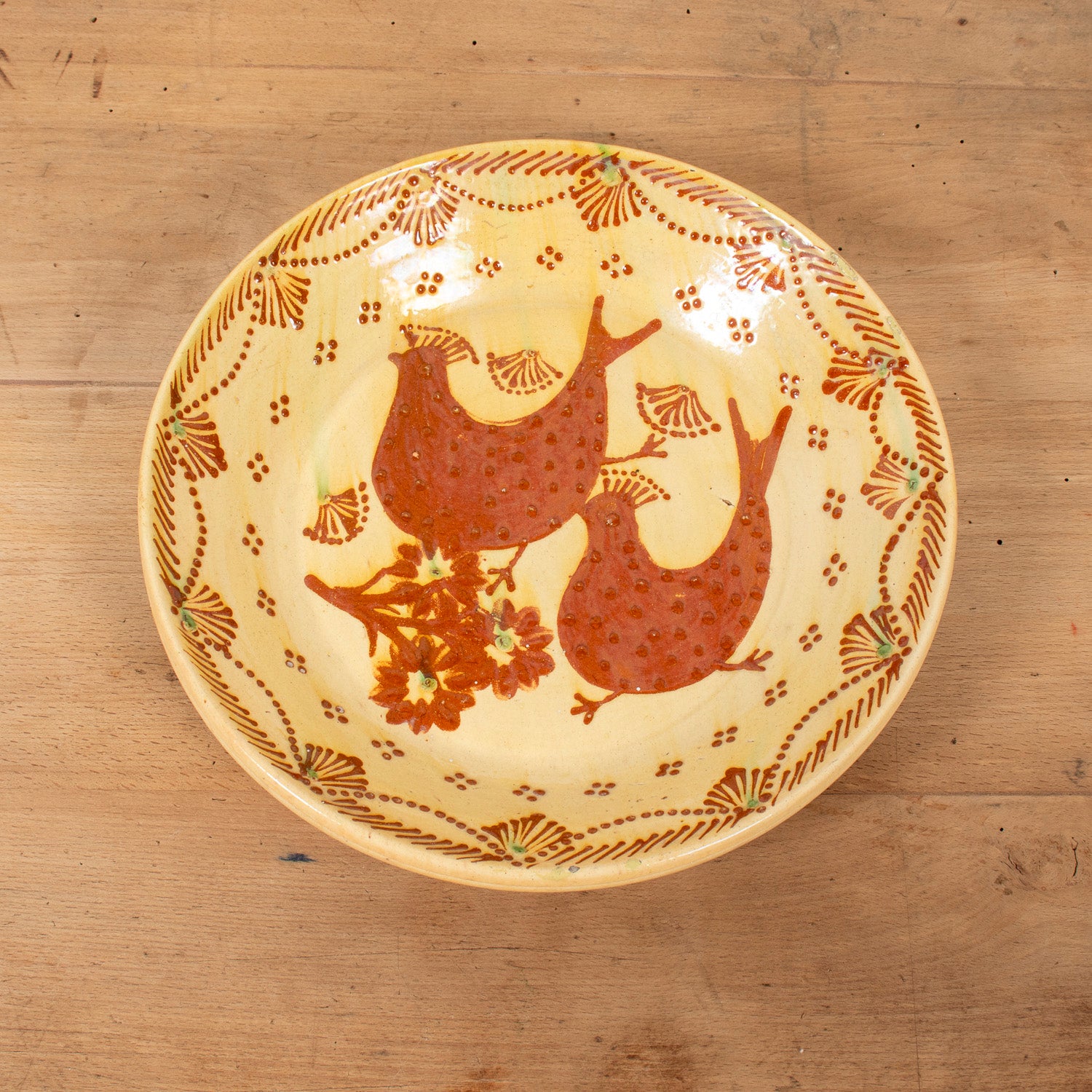 19th Century Portuguese Yellow Slipware Serving Bowl with Quail and Floral Designs