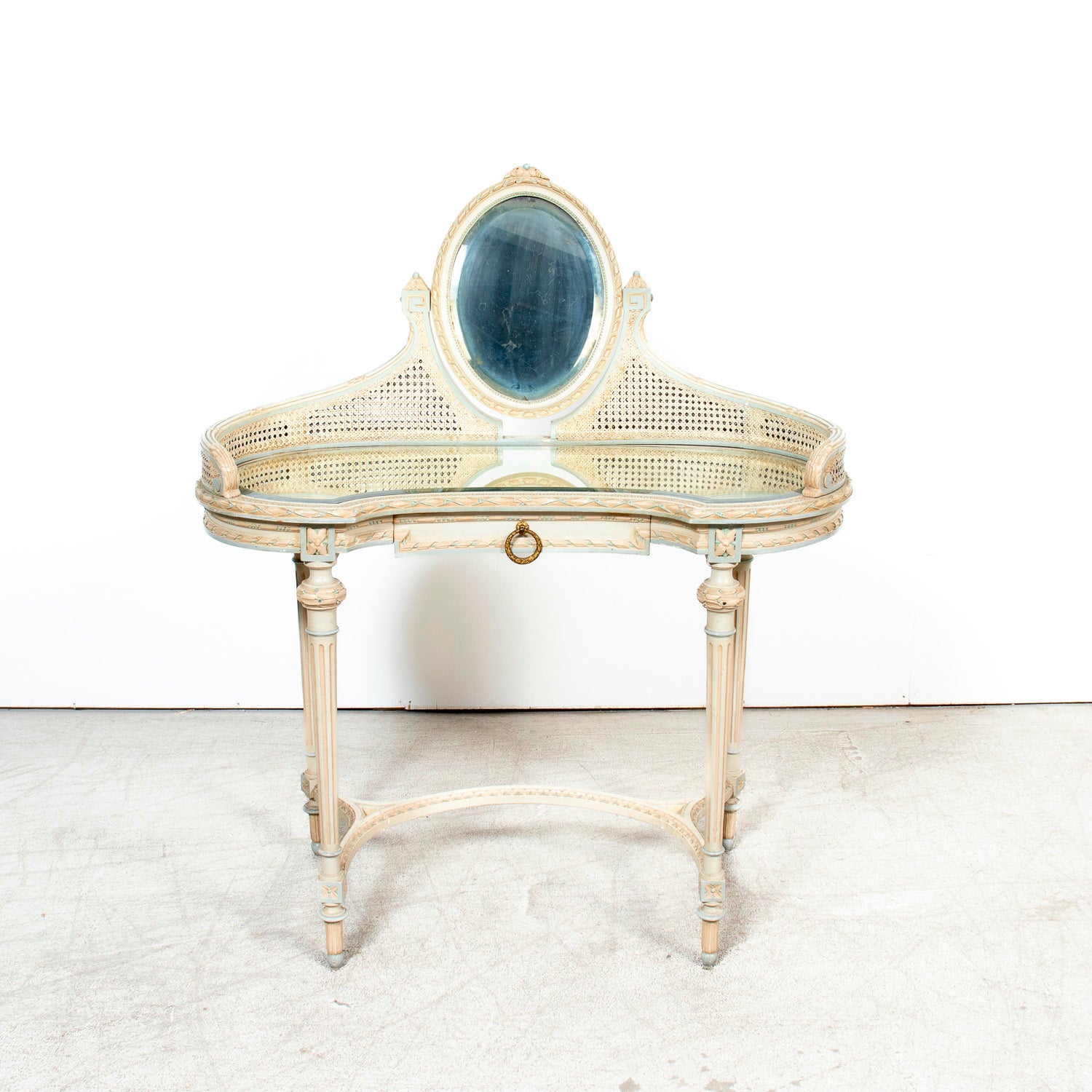 1920s French Louis XVI Style Provençal Polychrome Cane Vanity with Mirror