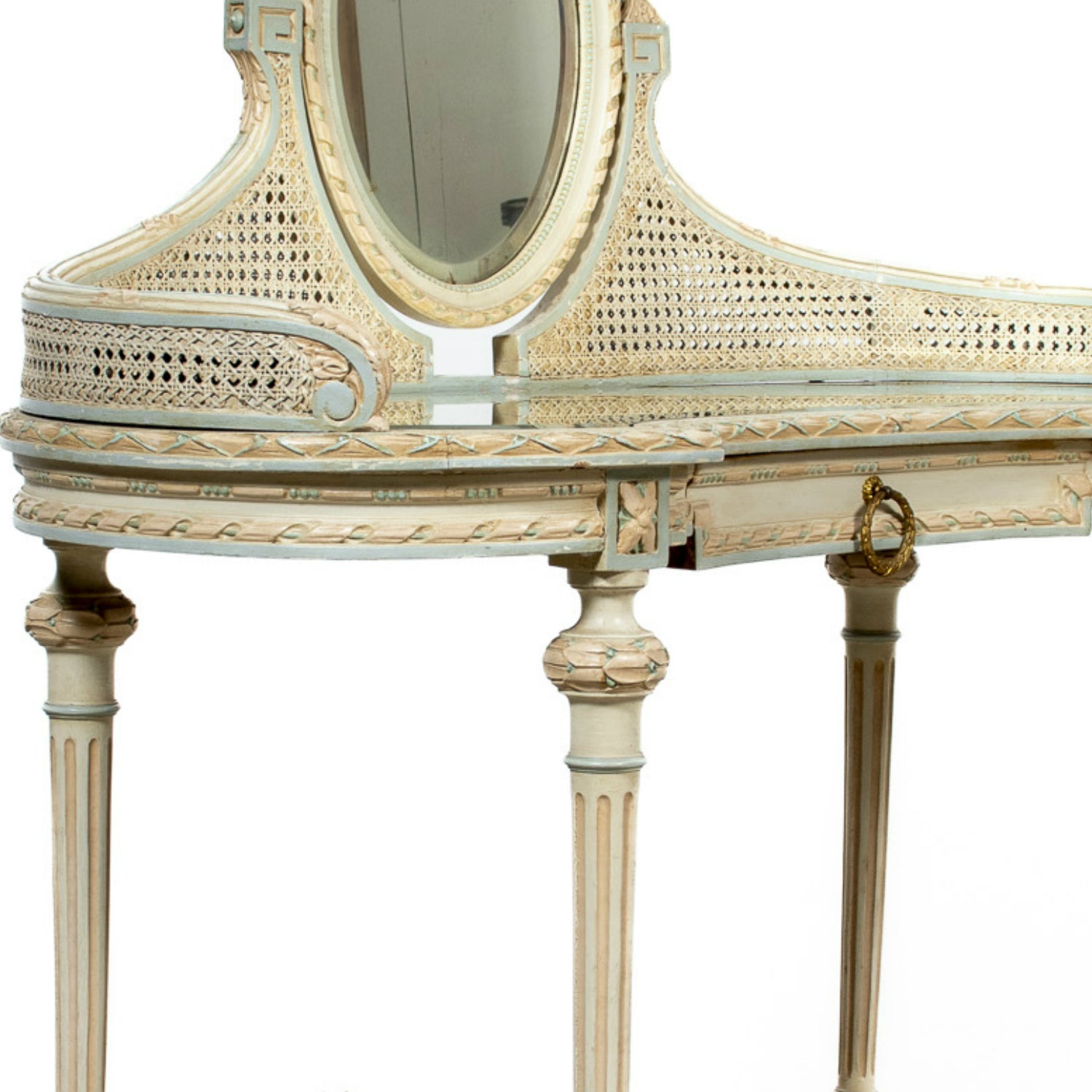 1920s French Louis XVI Style Provençal Polychrome Cane Vanity with Mirror