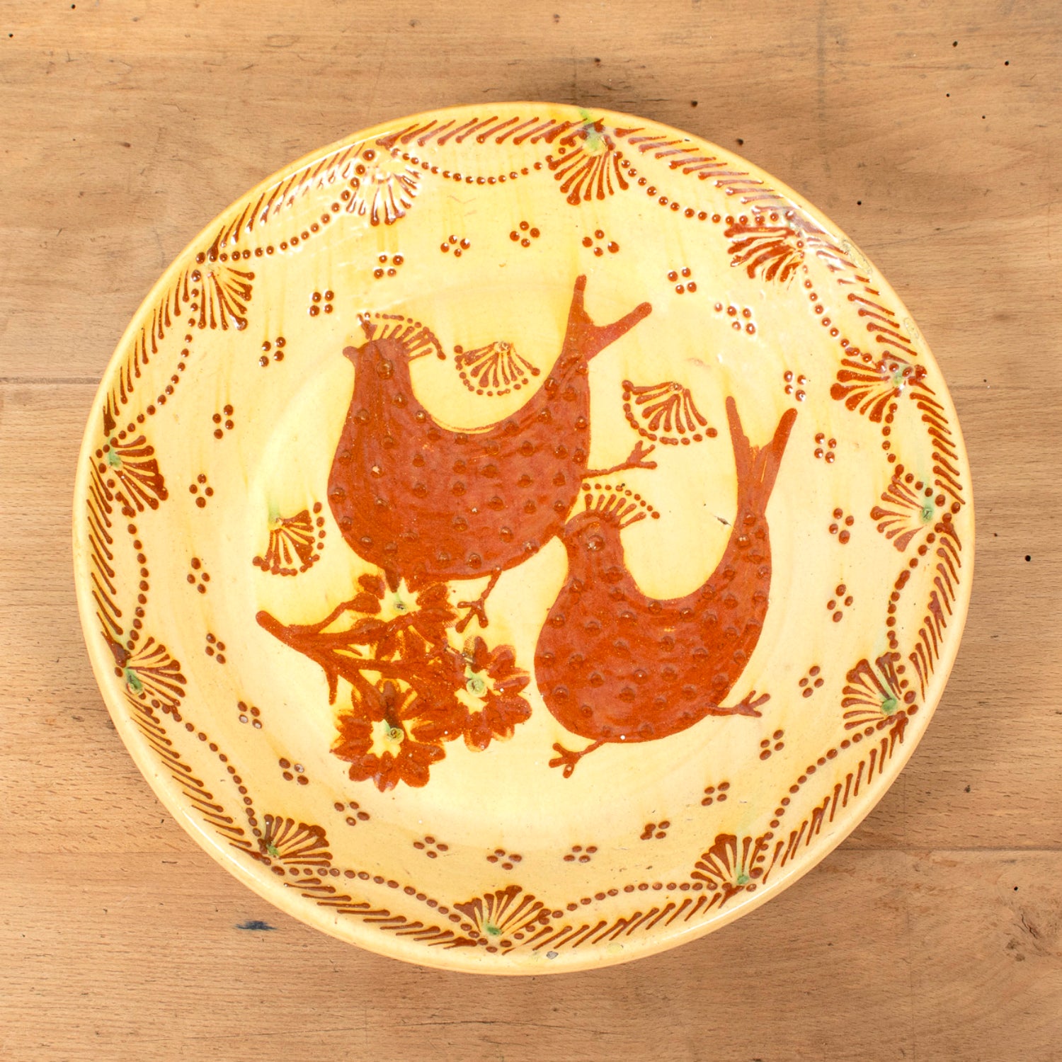 19th Century Portuguese Yellow Slipware Serving Bowl with Quail and Floral Designs