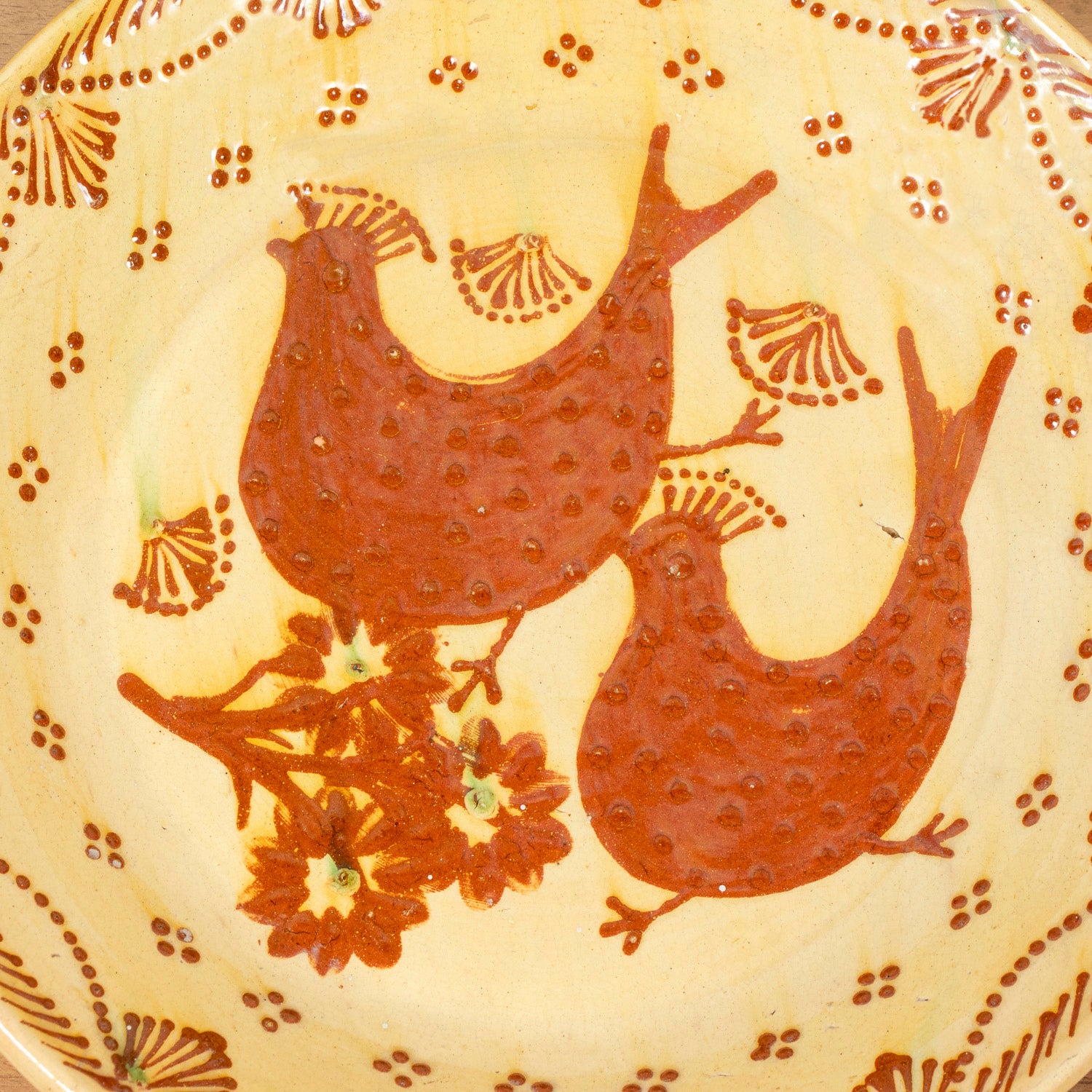 19th Century Portuguese Yellow Slipware Serving Bowl with Quail and Floral Designs