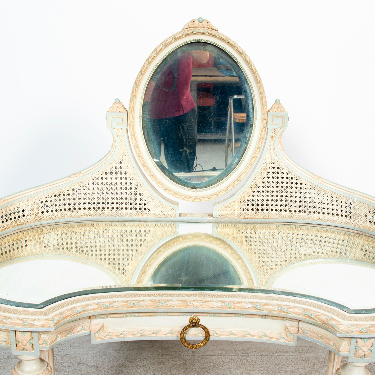 1920s French Louis XVI Style Provençal Polychrome Cane Vanity with Mirror