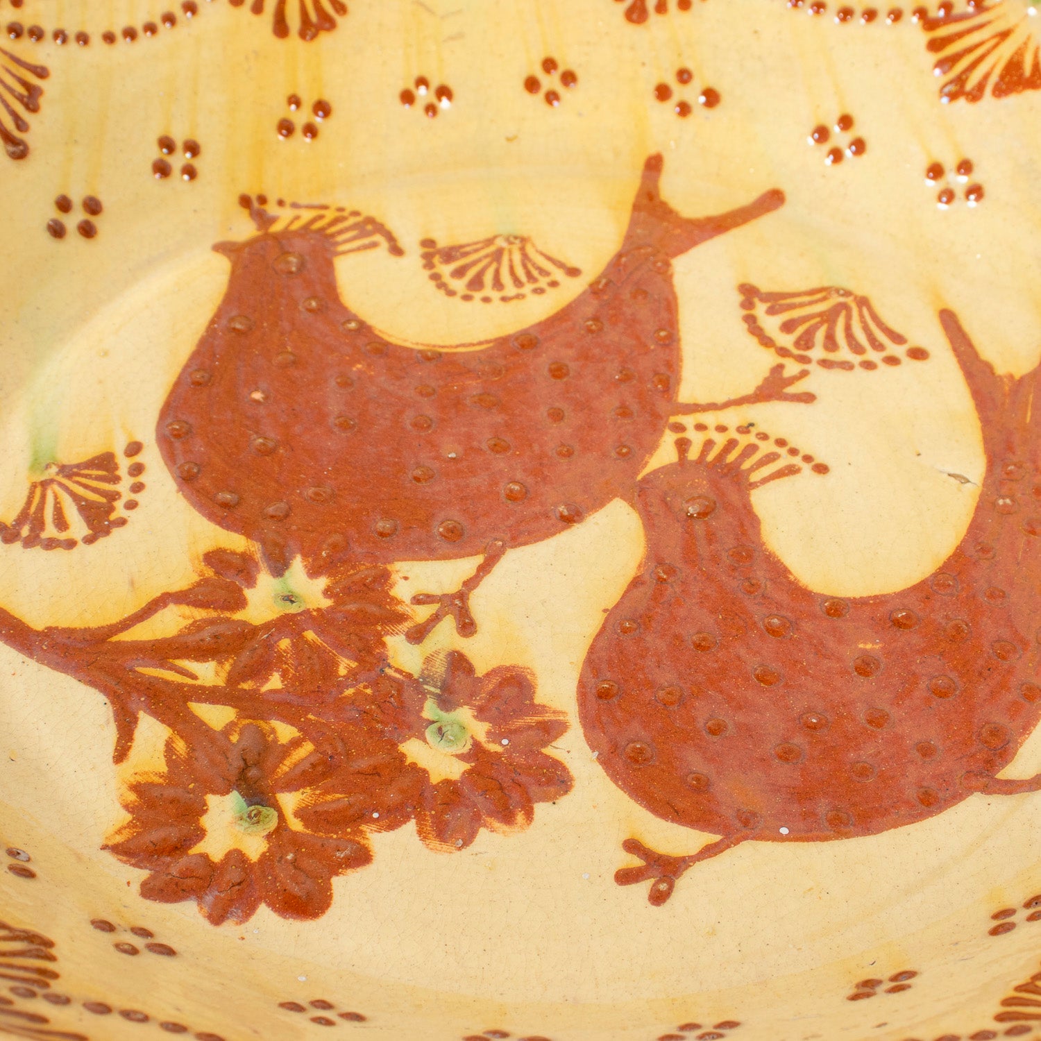 19th Century Portuguese Yellow Slipware Serving Bowl with Quail and Floral Designs