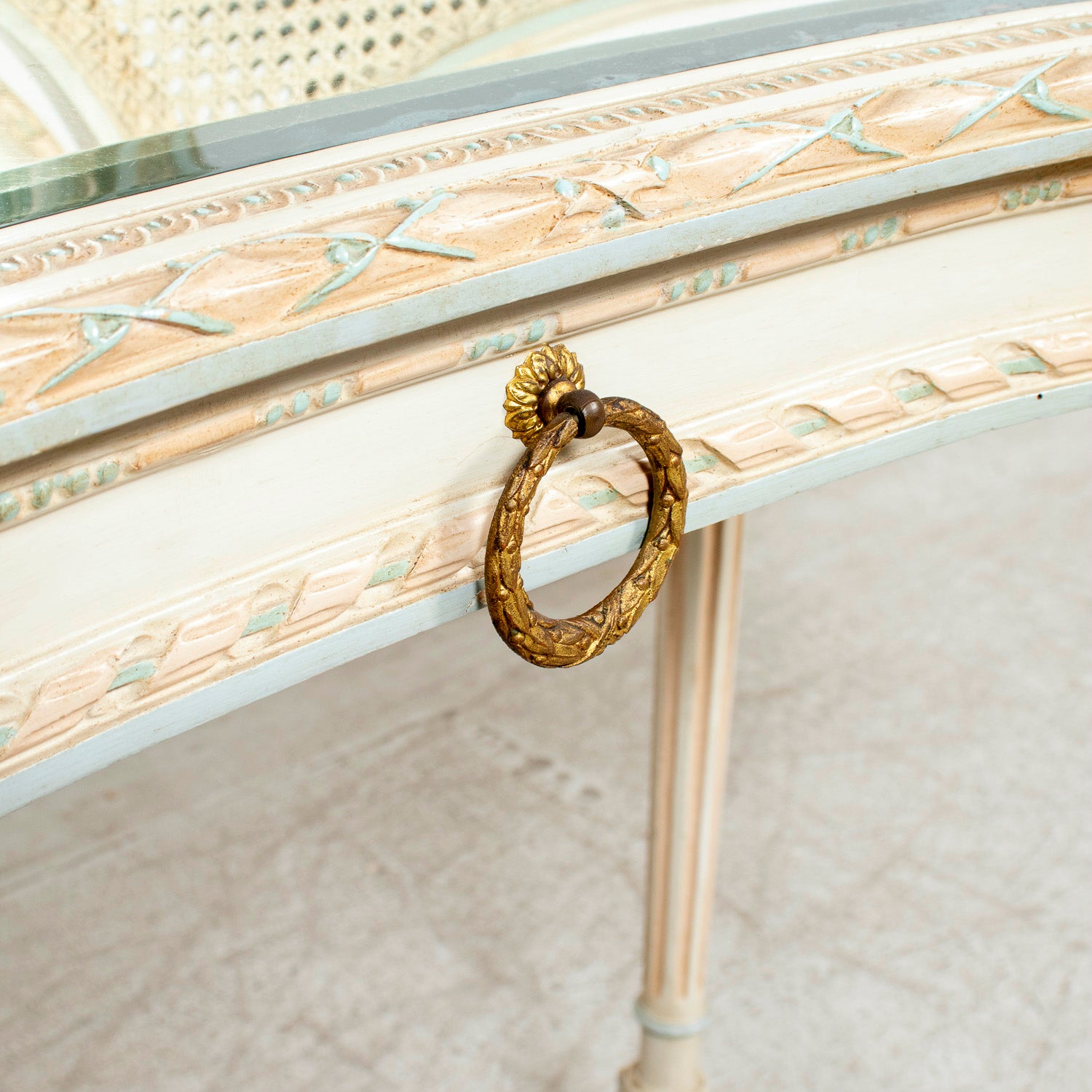 1920s French Louis XVI Style Provençal Polychrome Cane Vanity with Mirror