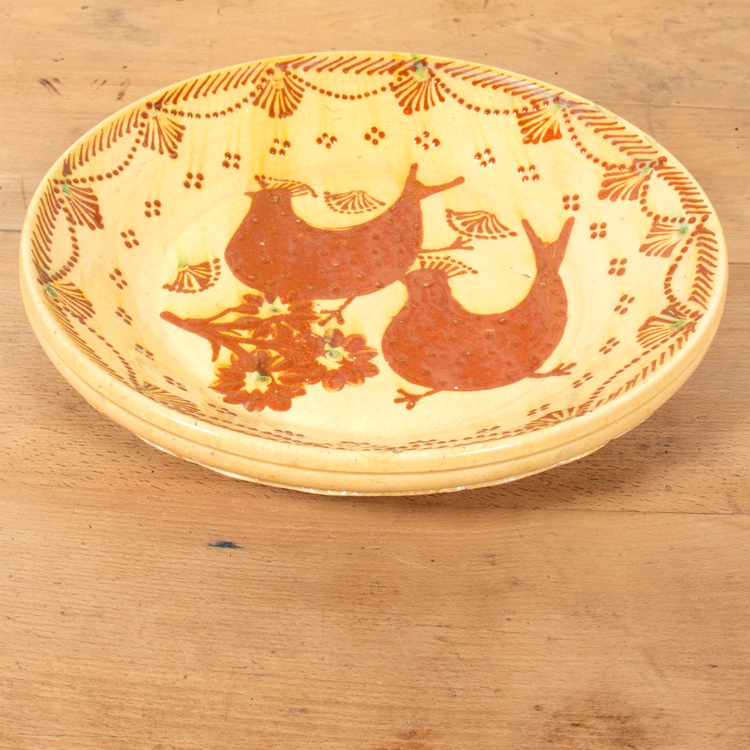 19th Century Portuguese Yellow Slipware Serving Bowl with Quail and Floral Designs