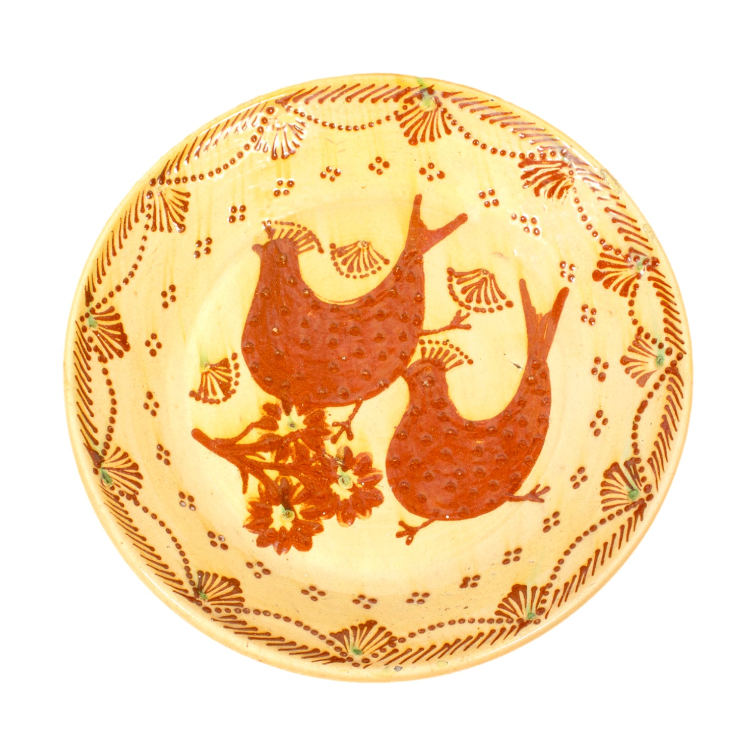 19th Century Portuguese Yellow Slipware Serving Bowl with Quail and Floral Designs