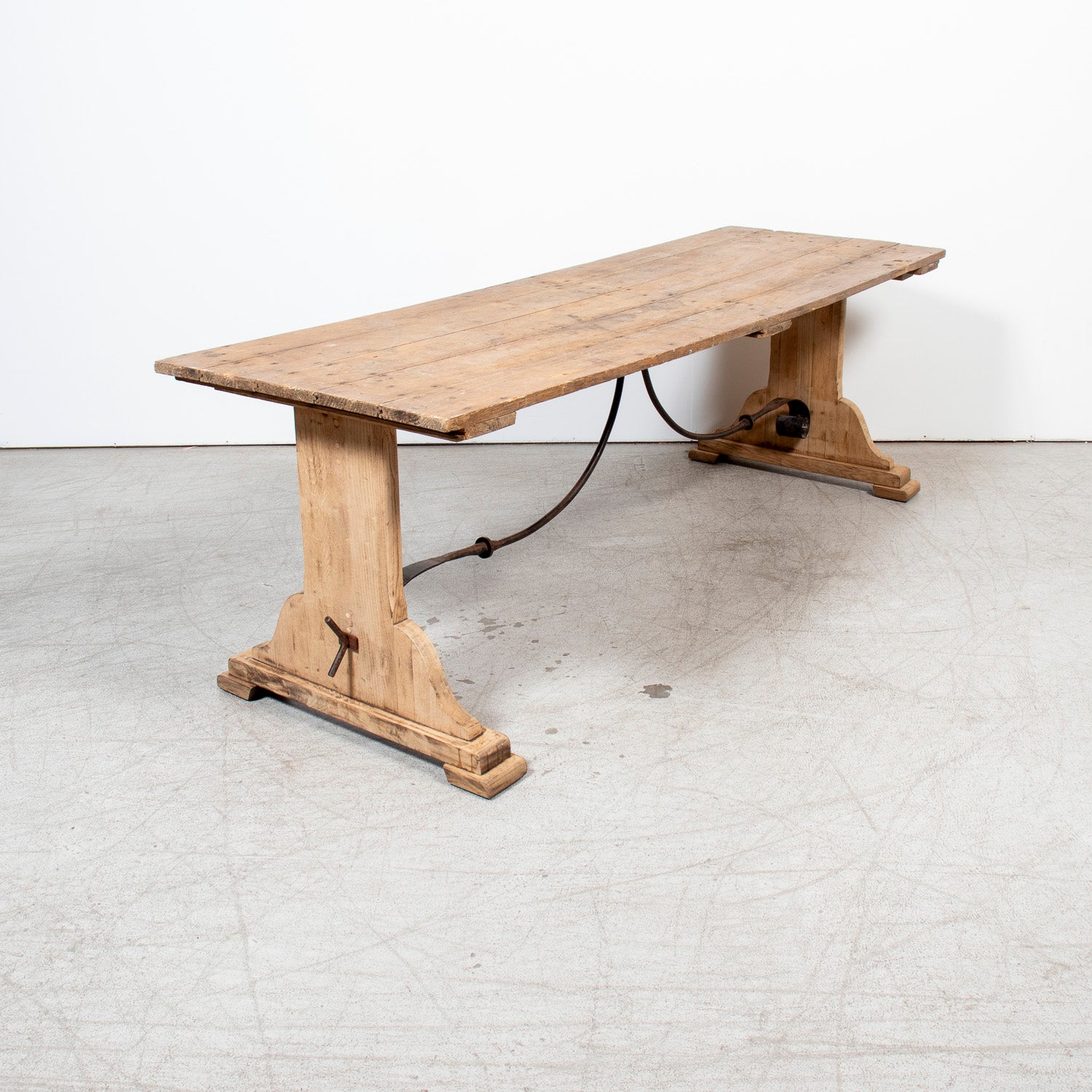 19th Century Spanish Catalan Rustic Bleached Oak Trestle Table with Iron Stretcher