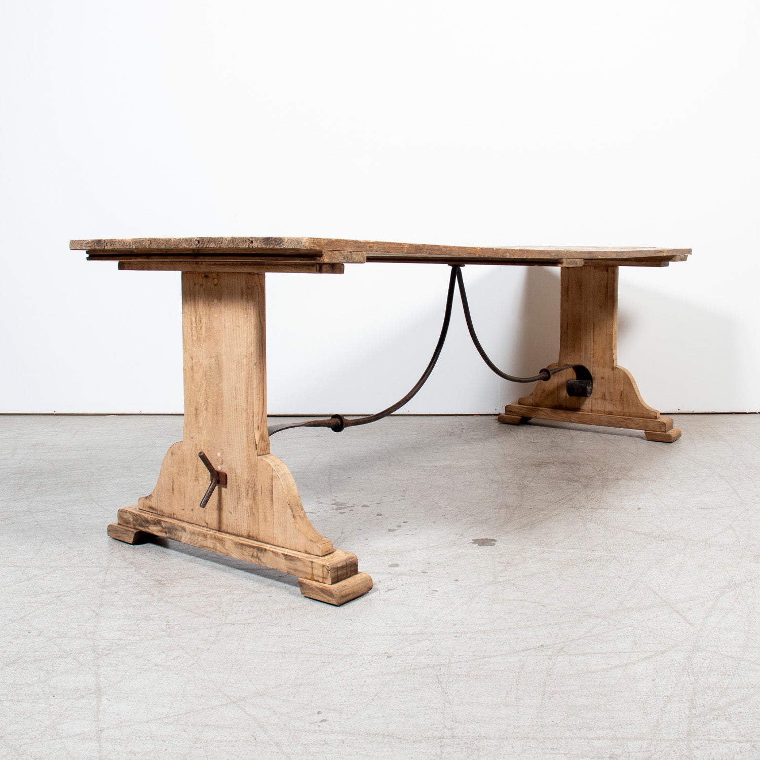 19th Century Spanish Catalan Rustic Bleached Oak Trestle Table with Iron Stretcher
