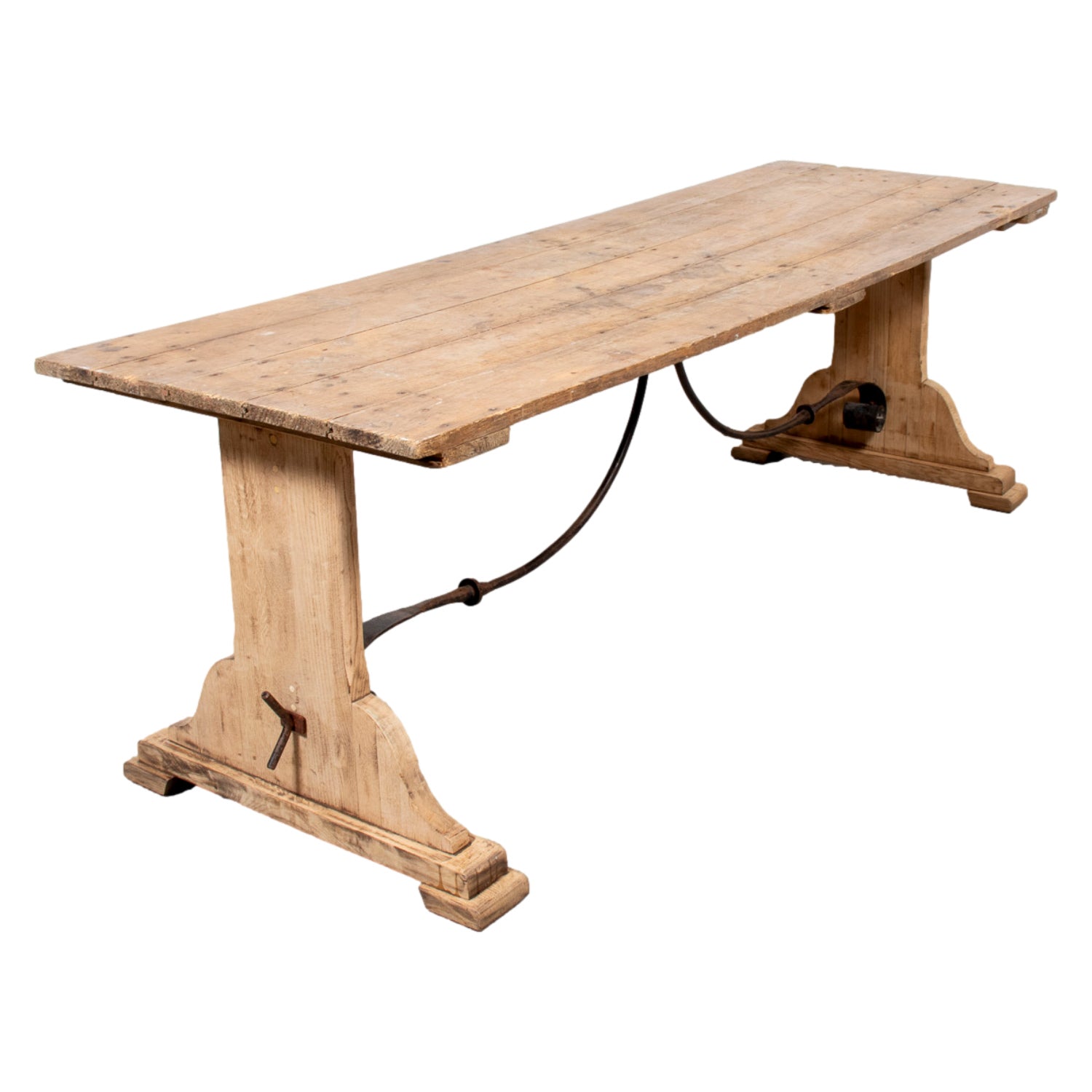 19th Century Spanish Catalan Rustic Bleached Oak Trestle Table with Iron Stretcher