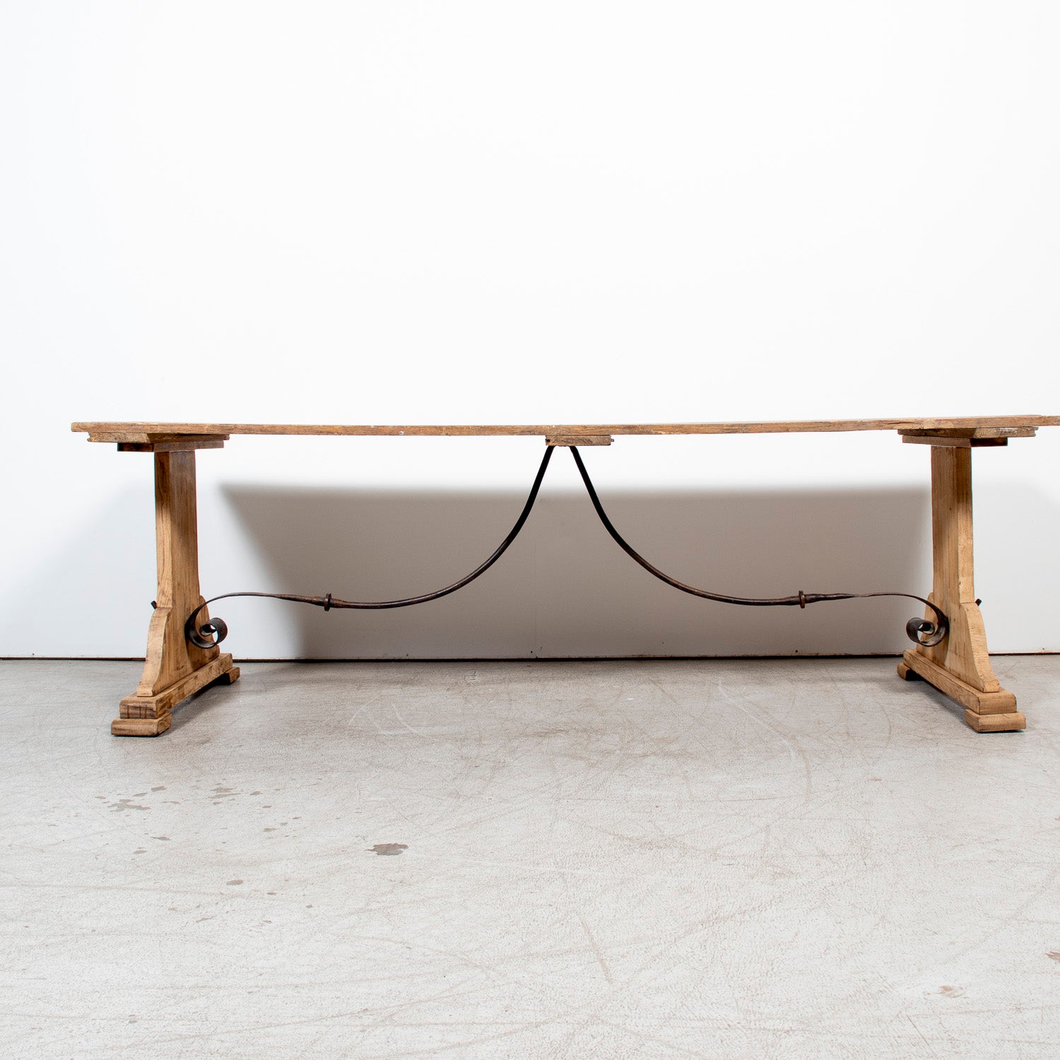 19th Century Spanish Catalan Rustic Bleached Oak Trestle Table with Iron Stretcher