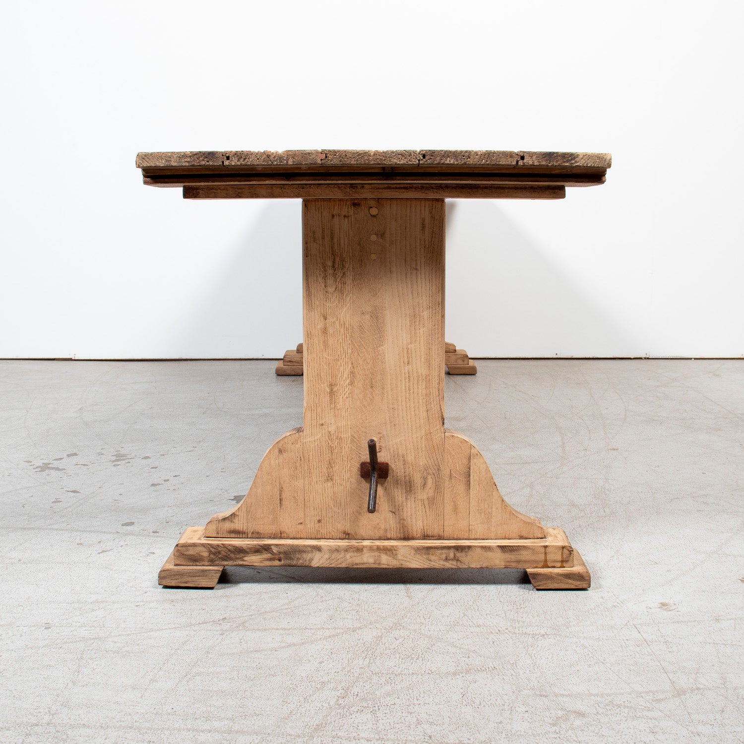19th Century Spanish Catalan Rustic Bleached Oak Trestle Table with Iron Stretcher