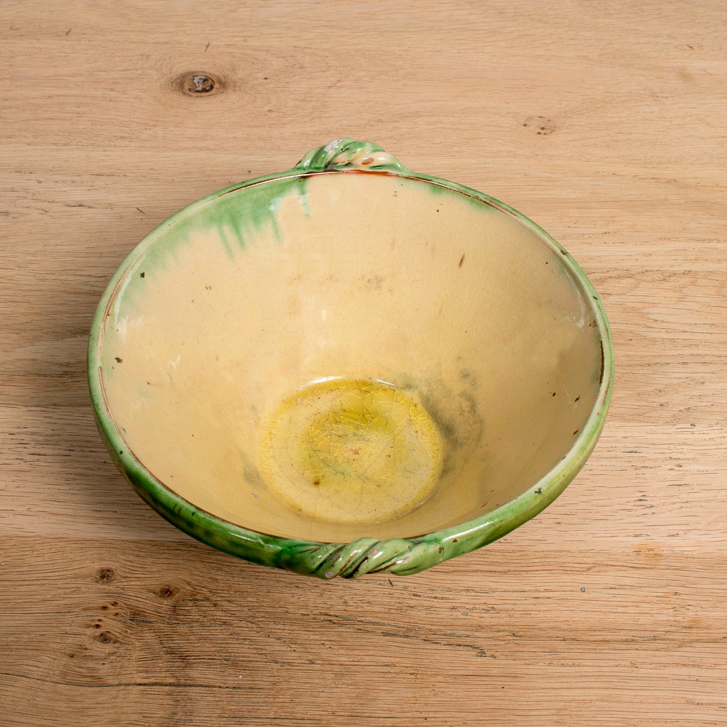 Vintage French Dieulefit Green Glazed Bowl Set – 3 Small Bowls and Serving Bowl