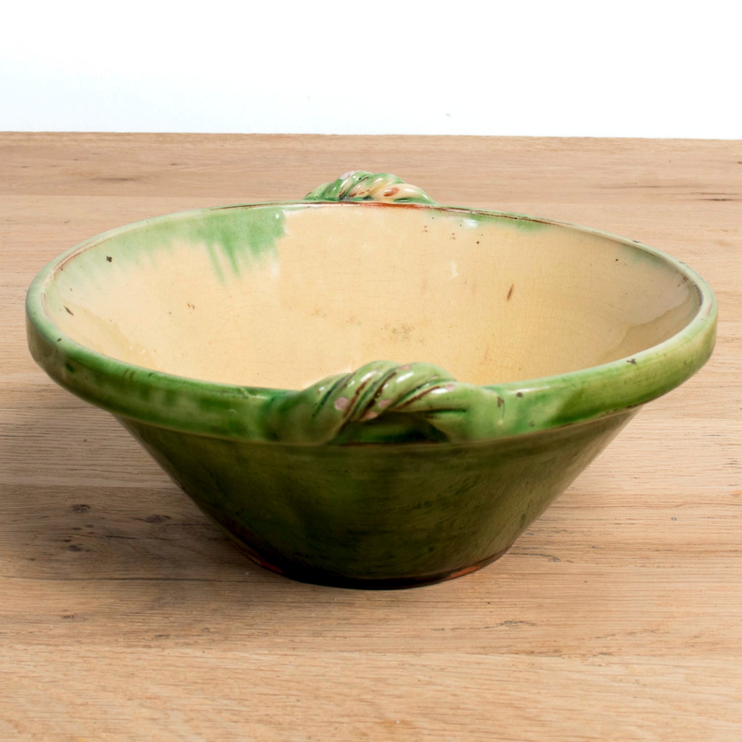 Vintage French Dieulefit Green Glazed Bowl Set – 3 Small Bowls and Serving Bowl