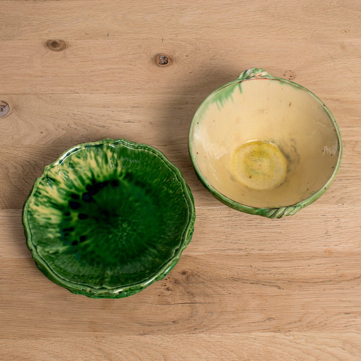 Vintage French Dieulefit Green Glazed Bowl Set – 3 Small Bowls and Serving Bowl