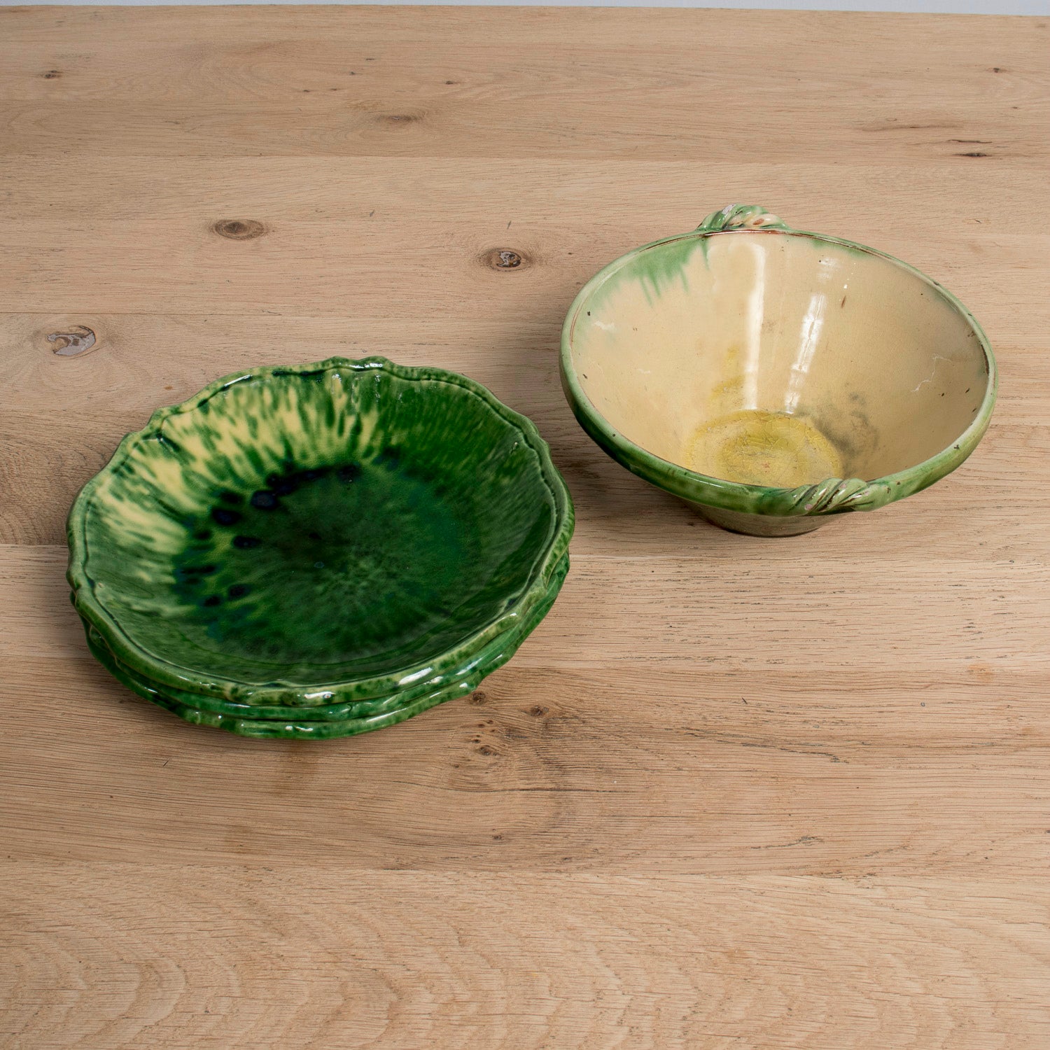 Vintage French Dieulefit Green Glazed Bowl Set – 3 Small Bowls and Serving Bowl