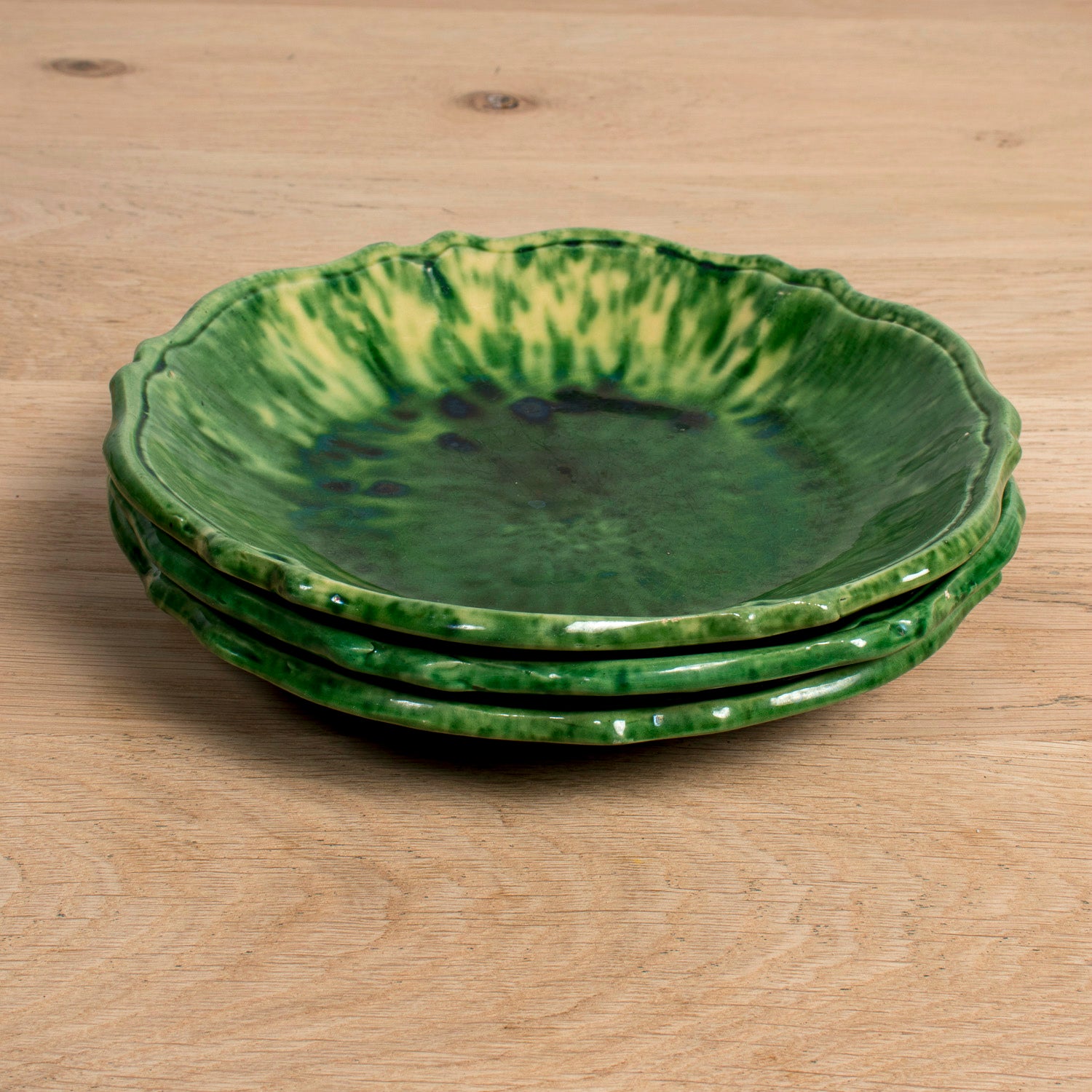 Vintage French Dieulefit Green Glazed Bowl Set – 3 Small Bowls and Serving Bowl