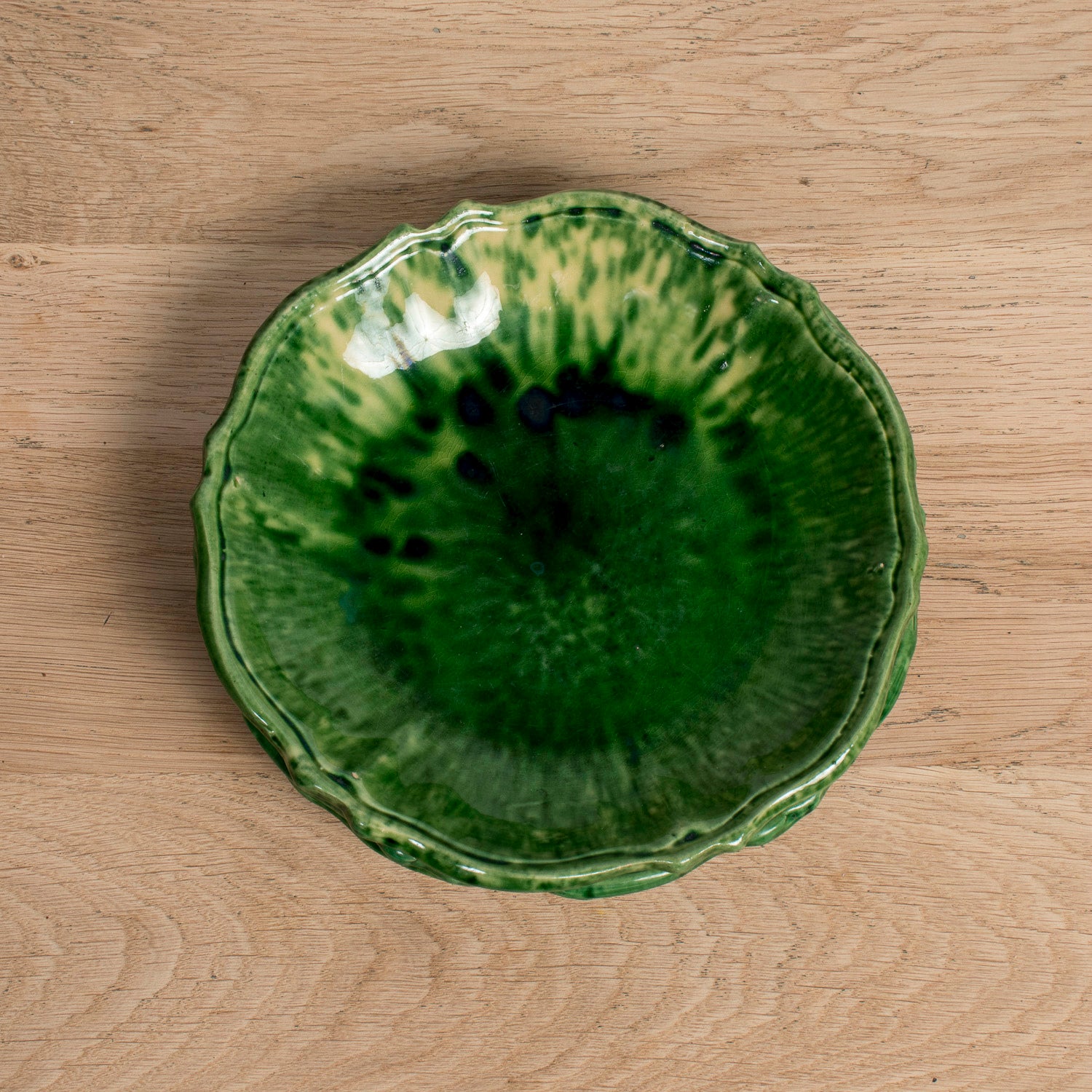 Vintage French Dieulefit Green Glazed Bowl Set – 3 Small Bowls and Serving Bowl