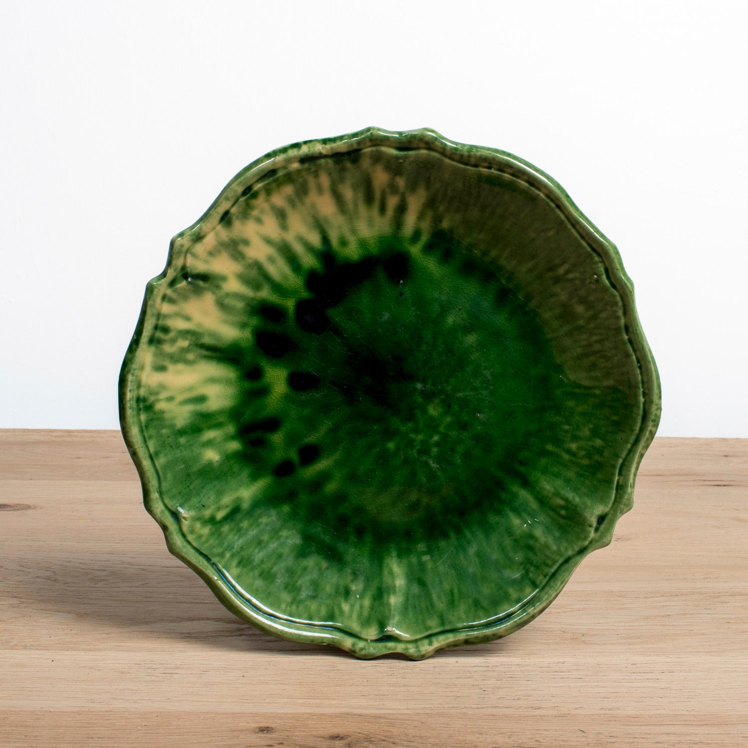 Vintage French Dieulefit Green Glazed Bowl Set – 3 Small Bowls and Serving Bowl