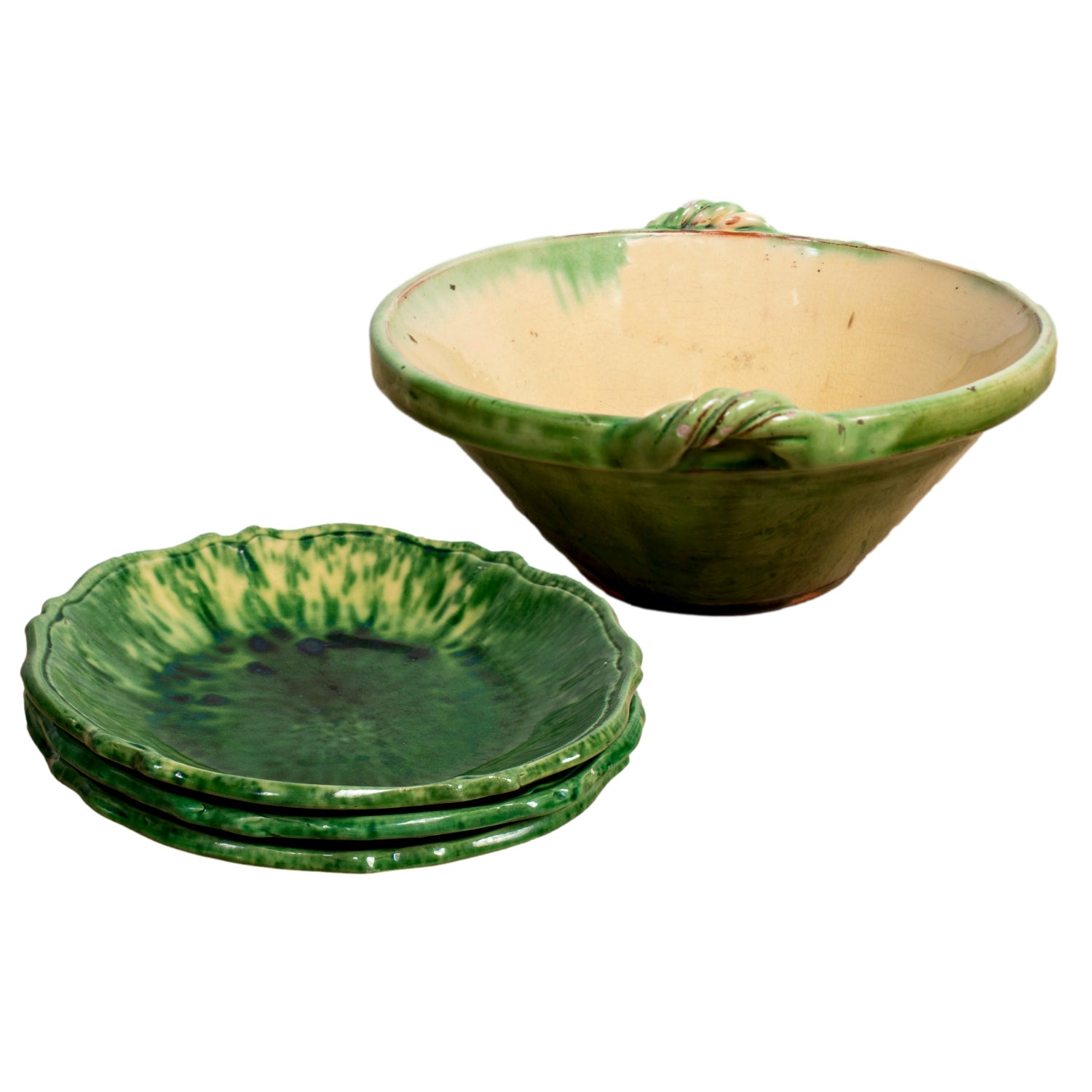 Vintage French Dieulefit Green Glazed Bowl Set – 3 Small Bowls and Serving Bowl