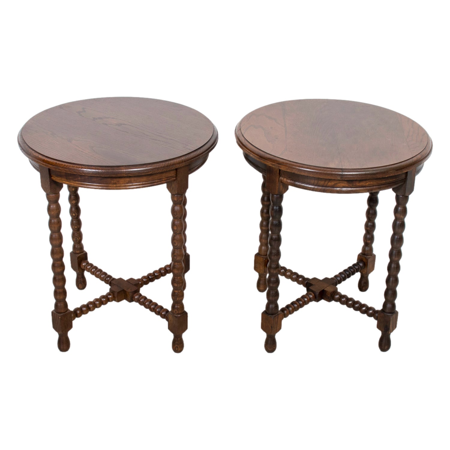 Pair of French Louis XIII Style Round Bobbin Leg Side Tables