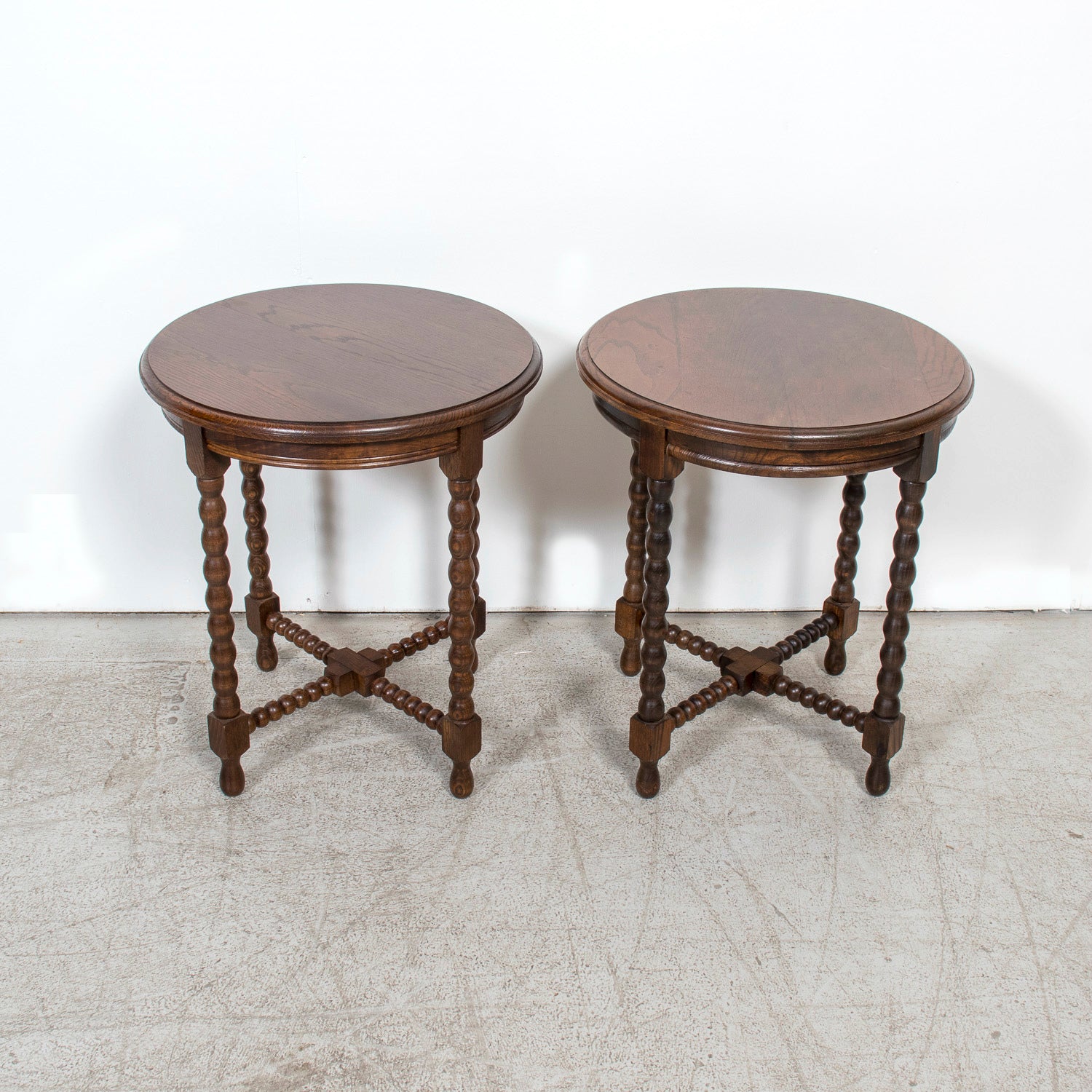 Pair of French Louis XIII Style Round Bobbin Leg Side Tables
