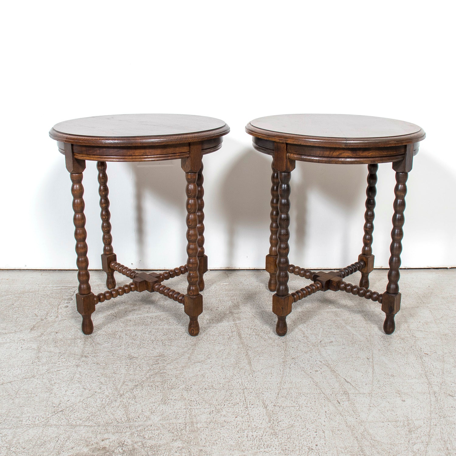 Pair of French Louis XIII Style Round Bobbin Leg Side Tables